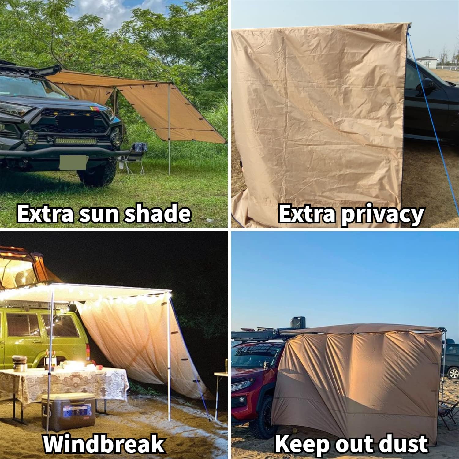 DANCHEL OUTDOOR Waterproof Car Awning Side Wall, Sun Shade Windbreak & Privacy Extension Lateral Tarp for Roof Rack Awning Overland Accessories(Khaki, 9.8ftx6.5ft)