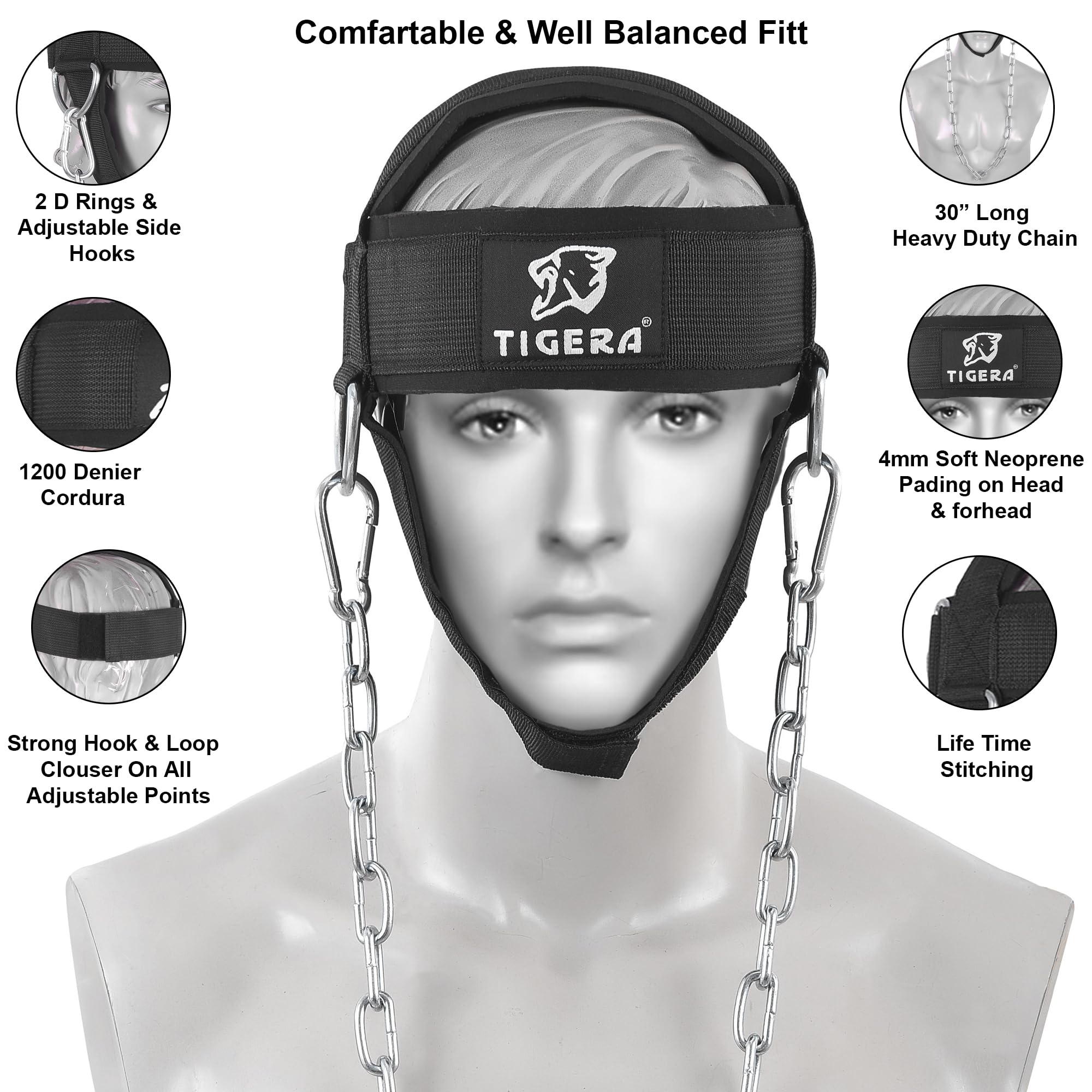 TIGERA Sports Neck Harness Neck Exerciser Builder Support for Strength & Resistance Training Weight Lifting Head Harness for Stronger Neck & Traps with Adjustable Neck Strap & Steel Chain - Image 2