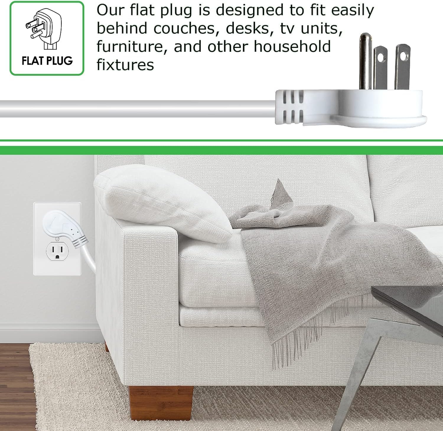 Close-up of the flat plug design of the Digital Energy surge protector, shown behind a sofa.