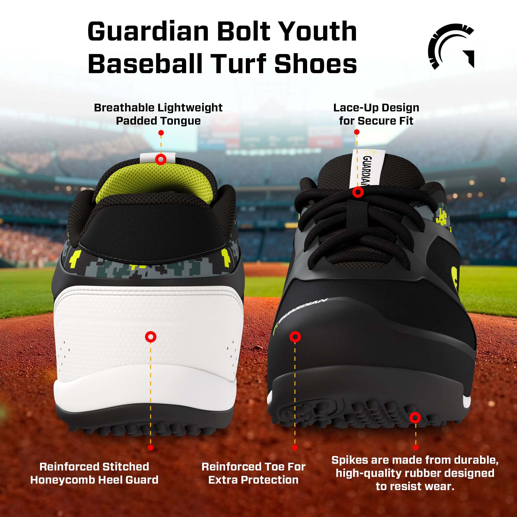 Guardian Bolt Youth Baseball Turf Shoes - Baseball Cleats for Boys and Girls Softball Shoes - Lightweight - Supportive - Comfortable Design, Black/Volt, 2