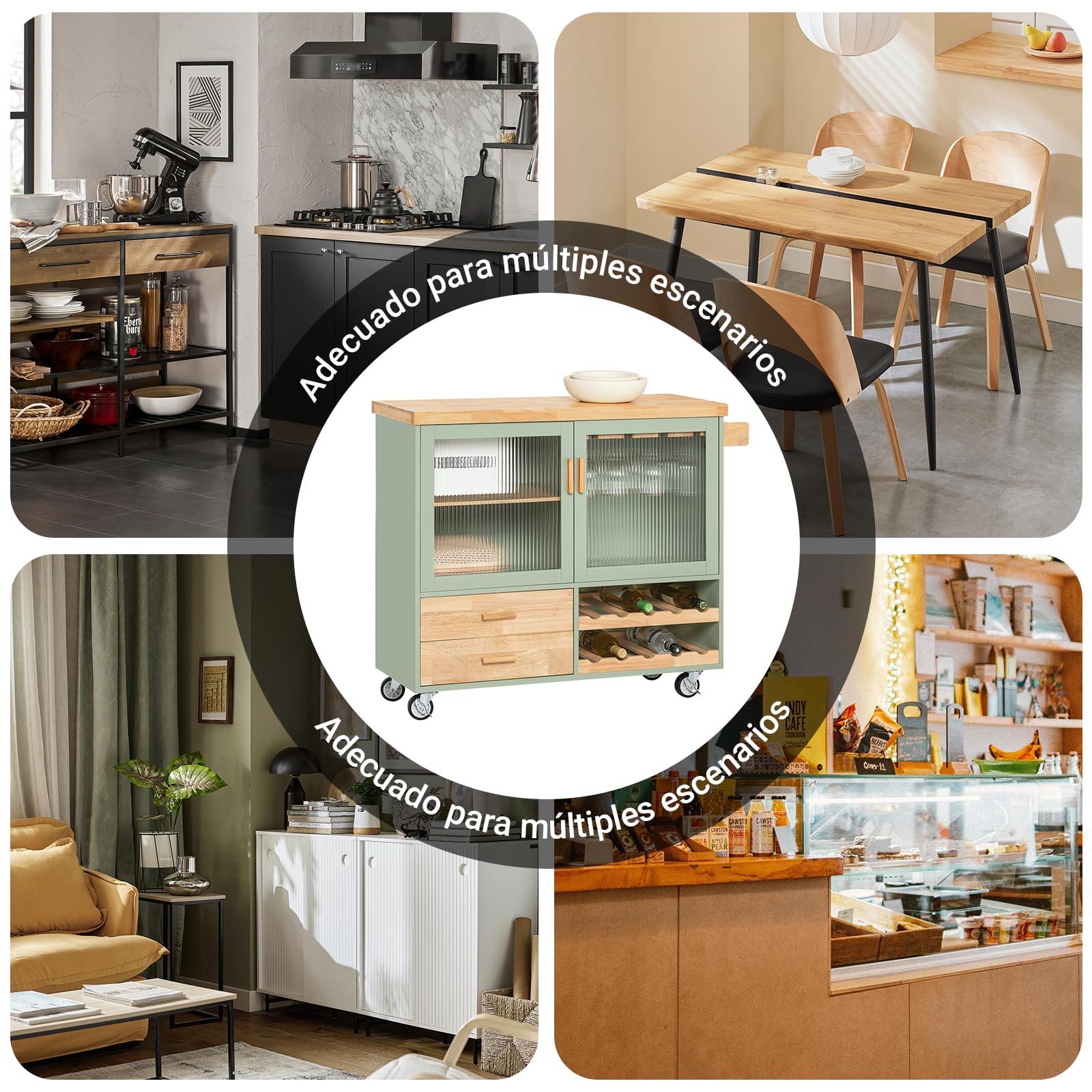 SoBuy Carrito de Cocina con Ruedas y Puertas de Cristal, 109x92x40 cm | Isla de Cocina con encimera, 2 cajones, botellero 10 bot./8 copas, carga de 90 kg, MDP/PB, para cocina, FKW114-GR