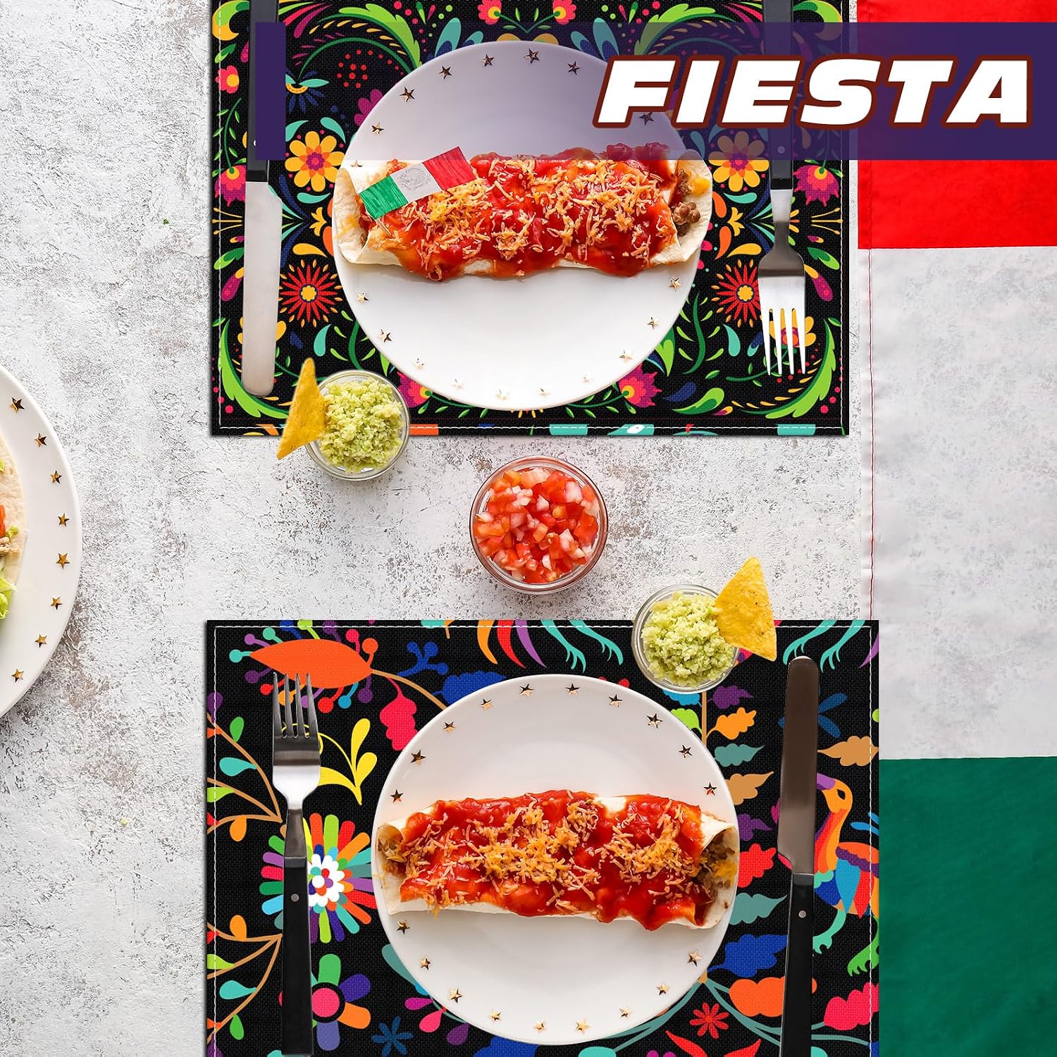 Set of 6 Mexican Placemats for Day of The Dead Table Decor 12x18, Black