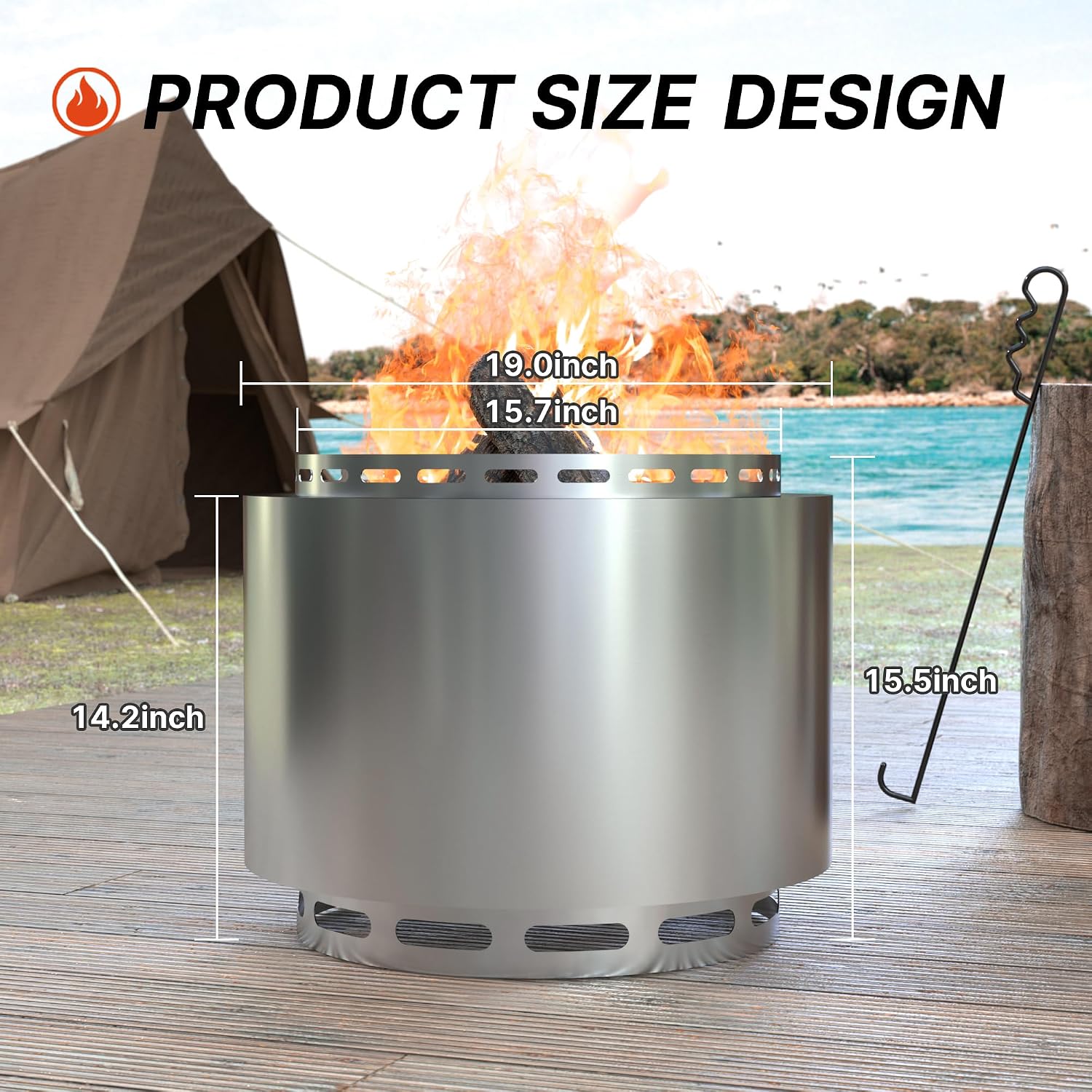 Kurapika 19-Inch Smokeless Fire Pit for Outside, Portable Outdoor Smokeless Stove - Wood Burning Stainless Steel Fireplace with Ash Poker & Carry Bag, Low Smoke Firepit for 4-6 People - Silver