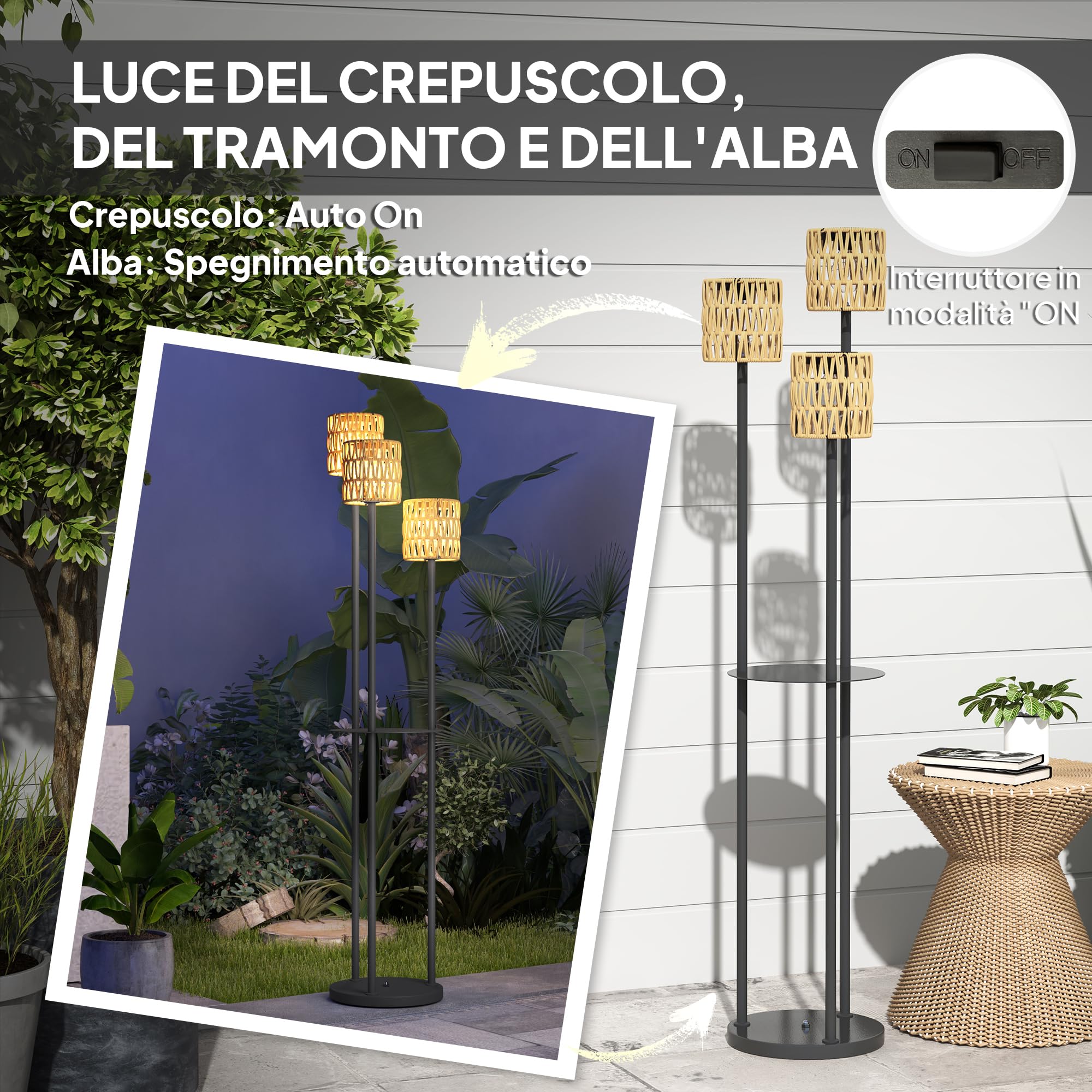 Outsunny Lampada da Terra Solare a 3 Luci Stile Boho con Base Rotonda e Ripiano Centrale, Lampada da Esterno Salotto in Rattan PE e Acciaio, IP44, per Camera da Letto Soggiorno, Nero e Giallo
