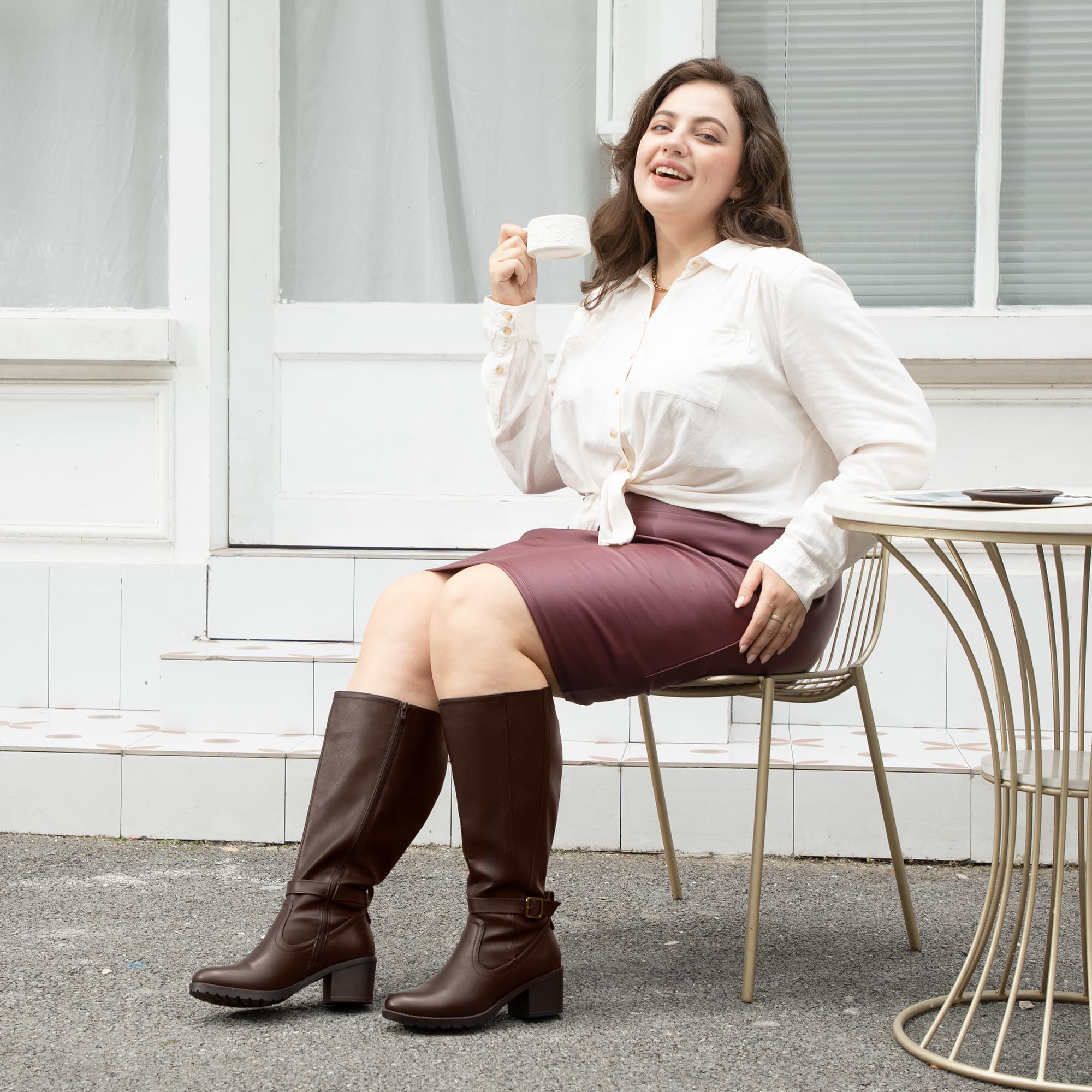 Botas altas hasta la rodilla con cremallera lateral y panel elástico de pantorrilla extra ancha para mujer con tacón de bloque