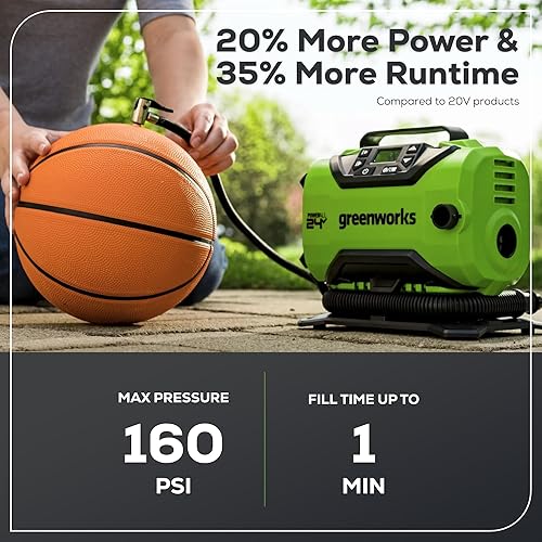 Miniatura 9 de Greenworks Inflador de neumáticos inalámbrico de 24 V, compresor de aire portátil de 160 PSI, 2 fuentes de alimentación, apagado automático, para