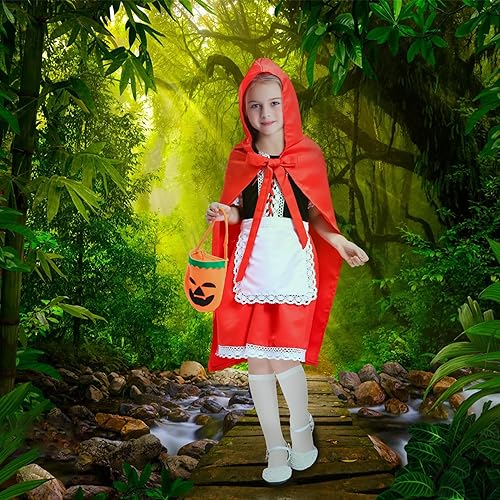 Miniatura 5 de Disfraz de Caperucita Roja para Niñas, Disfraz de Halloween con capa, diadema, bolsa de calabaza