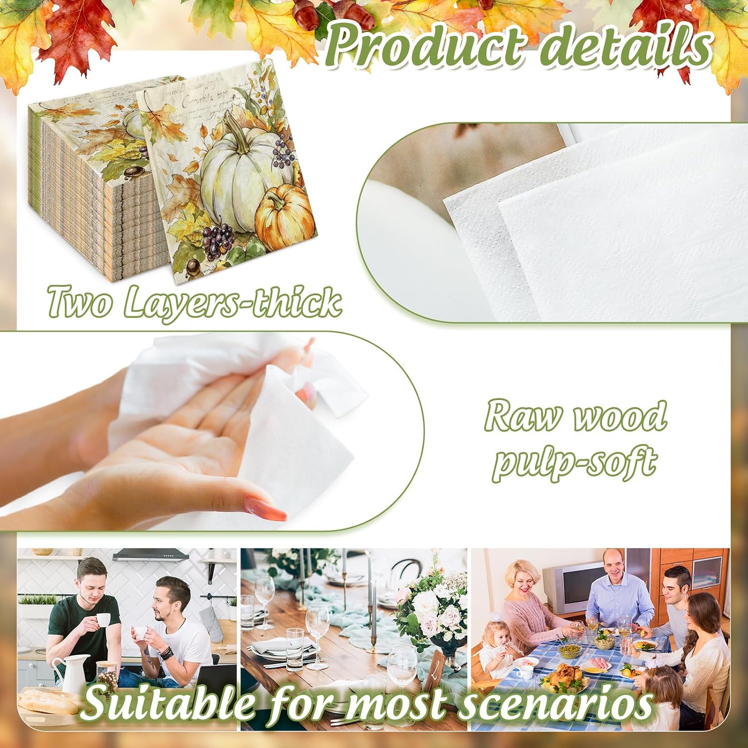 AnyDesign 80 Pcs Fall Paper Napkins Rustic Vintage Autumn Pumpkin Luncheon Napkins Farmhouse Dessert Dinner Hand Napkin for Thanksgiving Harvest Wedding Birthday Supplies