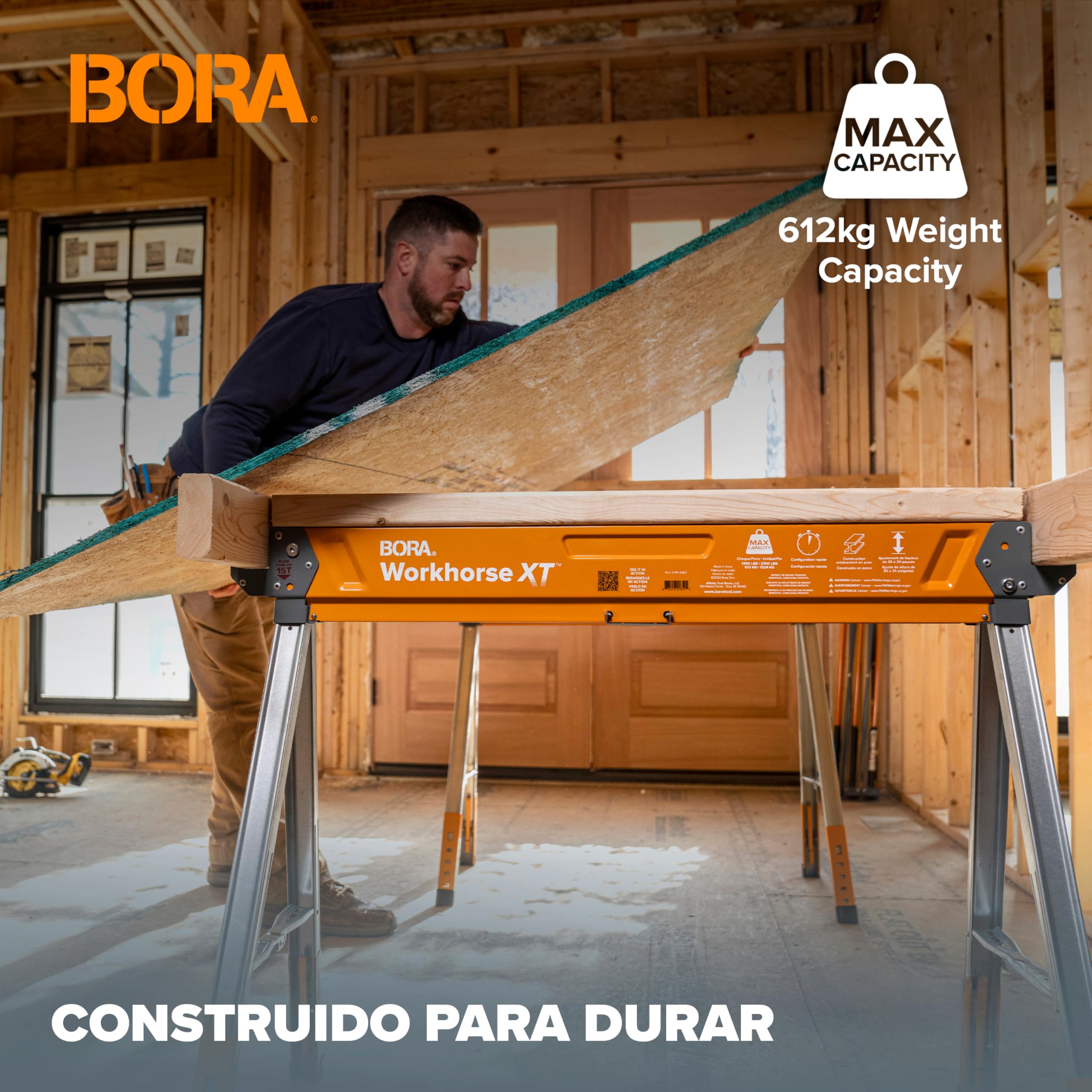 Bora Workhorse XT - Juego de 2 caballetes de sierra plegables, resistentes, altura ajustable, par con patas ajustables, caballo de sierra resistente para contratistas, banco de trabajo portátil con
