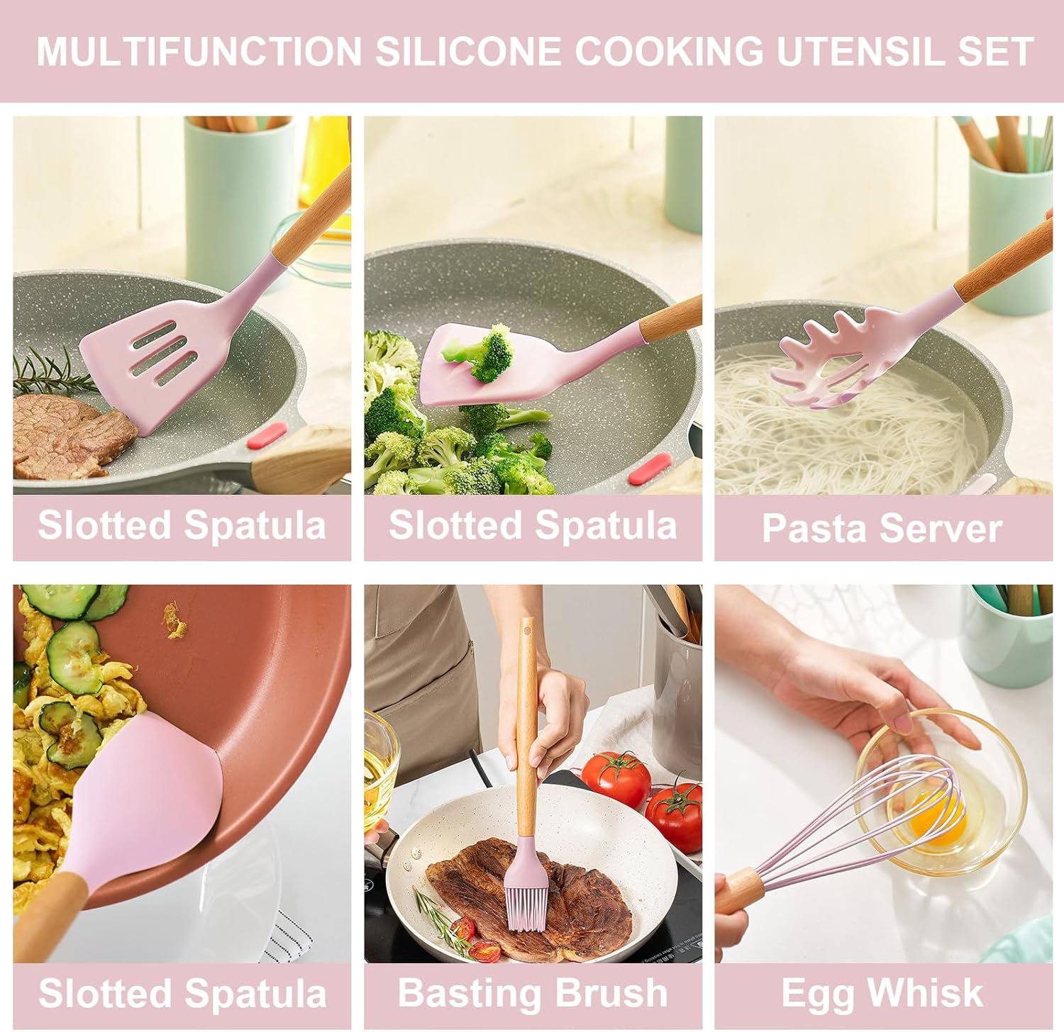 Silicone Cooking Utensils Kitchen Utensil Set - 446°F Heat Resistant Silicone Kitchen Utensils Set, Spatula,Turner Tongs, Spoon, Brush, Whisk,Kitchen Gadgets for Nonstick Cookware, BPA Free (Pink)