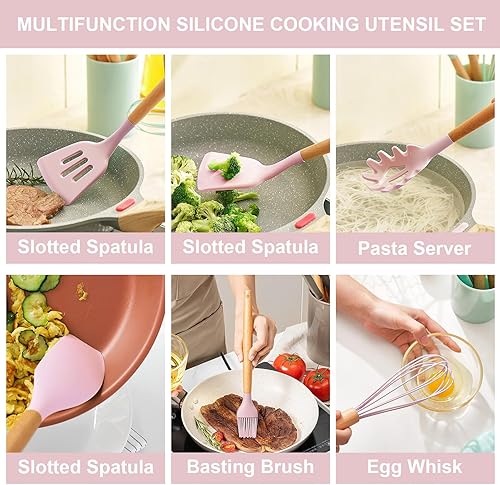 Miniatura 4 de Juego de utensilios de cocina de silicona, resistente al calor, espátula, pinzas giratorias, cuchara, cepillo, batidor, utensilios de cocina
