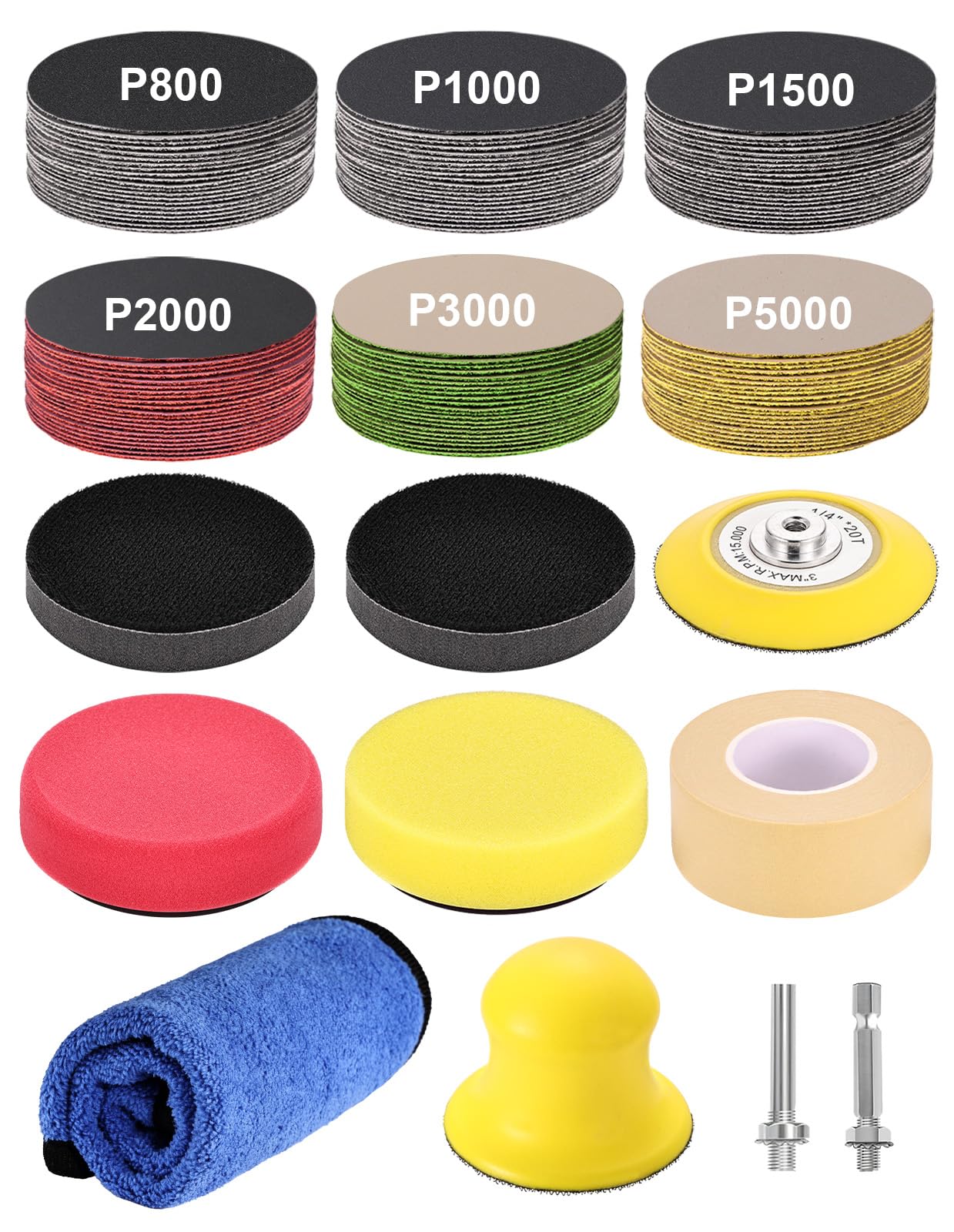 Kit Rénovateur Phare Voiture 130 Pcs, Rénovation Phare Auto et Moto, Disques Abrasifs 75mm à l'Eau et à Sec (Grains 80-5000), Kit Polissage avec Adaptateur Perceuse et Ruban de Masquage