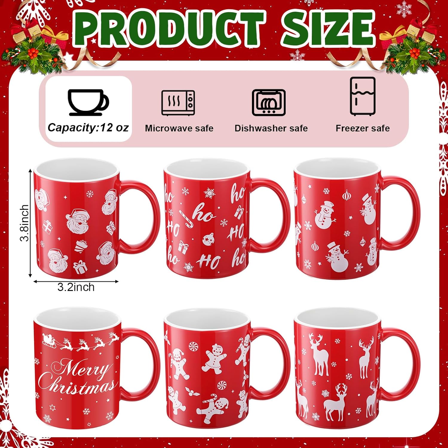 Christmas Coffee Mugs Set of 6 12 Oz Red Ceramic Coffee Cups with Santa Snowman Reindeer Gingerbread Hot Cocoa Mugs for Women Men Christmas Gift Table Centerpieces Party Decor - Image 4