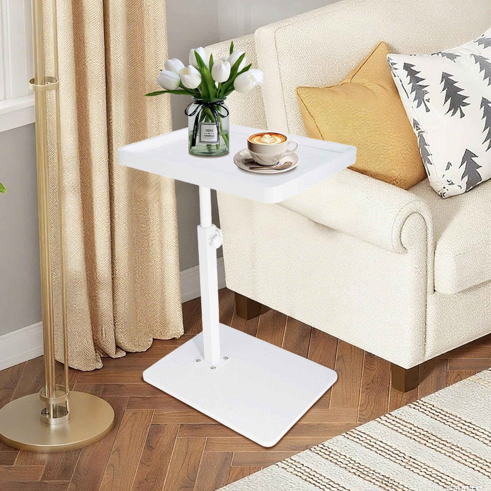 XUDREZ Adjustable C Shaped Side Table with 4 Castor Wheels 364° Swivel Tabletop, End Table for Living Room Bedroom Sofa Bathtub Bedside Nursing