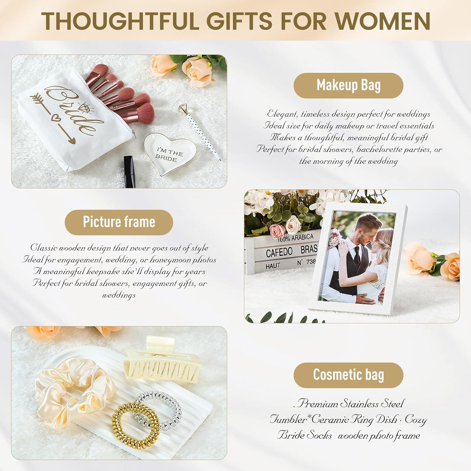 Bride to Be Gifts for Bridal Shower Engagement & Bachelorette Gift Box for Future Mrs Includes Wooden Photo Frame, Coffee Mug, Real Gold Rimmed Ring Dish, Stainless Steel Tumbler & Spa Set - Image 6