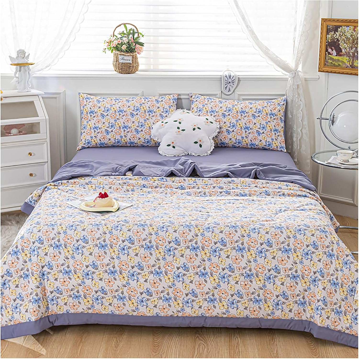 Floral Bedding Comforter Queen Thin Quilt Summer Lightweight Comforter, Cotton Linen Double Layer Yarn Fabric, Soft Comfy Breathable Bed Blanket, Machine Washable,Q,220x24