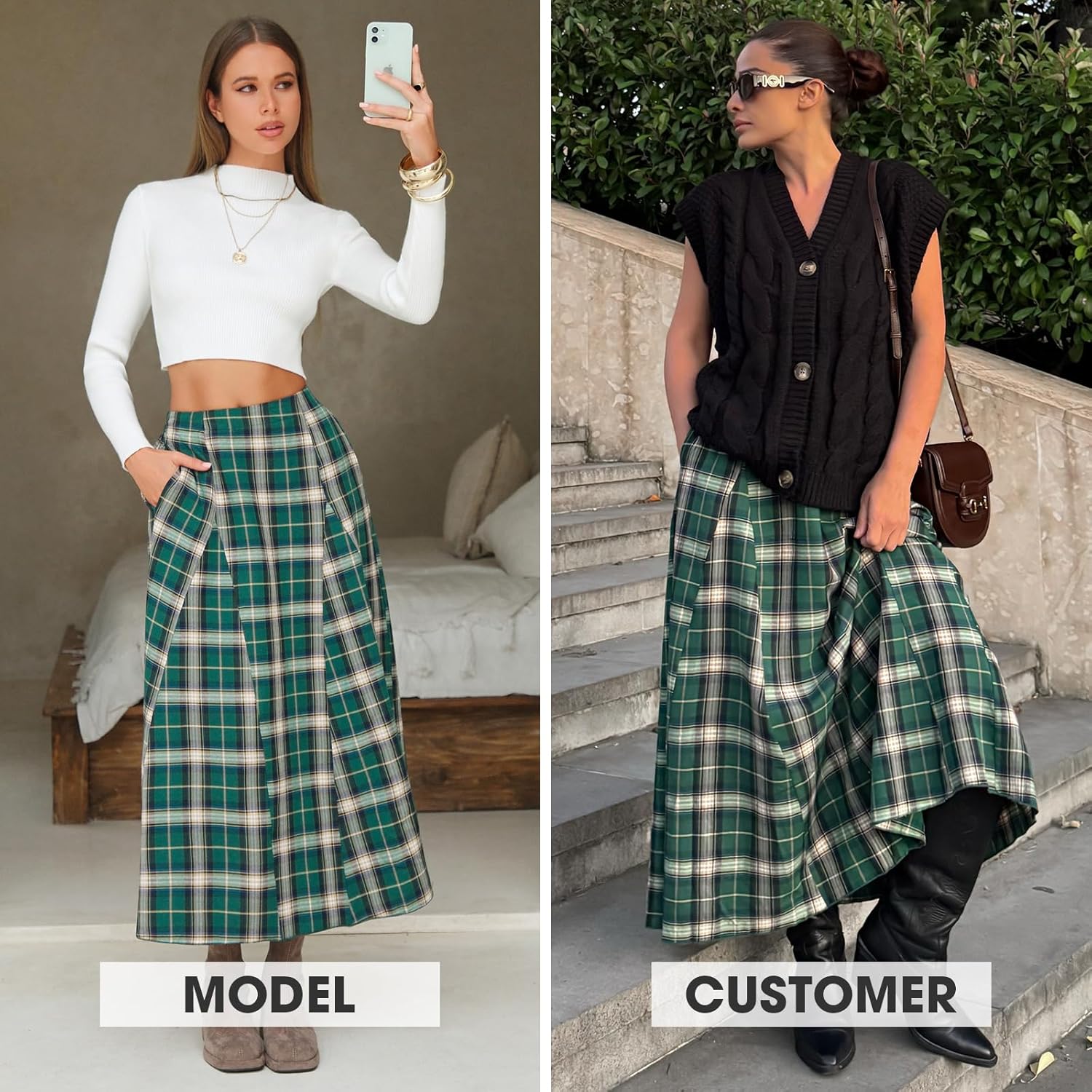 EXLURA Womens Flannel Plaid Long Skirts High Waist A Line Flared Pleated Maxi Skirt Dress Casual Vintage Office with Pockets - Image 4