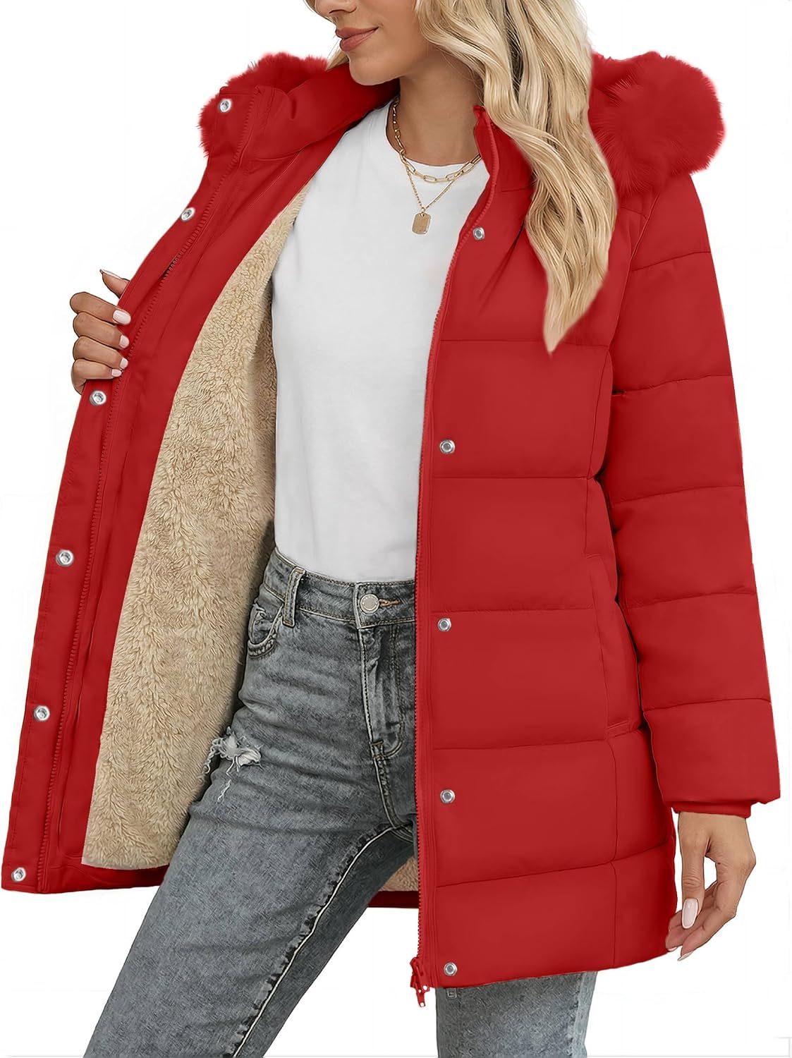 SMENG Women's Long Winter Puffer Coat Fleece Lined Hooded Parka Coat
