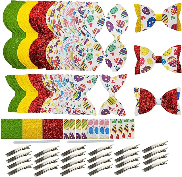 AOUXSEEM 24 Set Easter Faux Leather Hair Bows DIY Making Kit for Beginners, Pre Cut Colorful Eggs Printed Glitter Synthetic Fabric Alligator Clips for Women Girls Boys Pets Festival Dress
