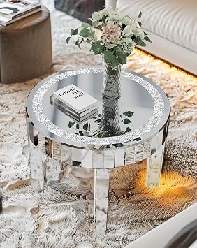 Silver Mirror Accent Table 23.6 in Round Mirrored Glass Tabletop | Silver End Table with Crushed Diamond Edge Decorative Furniture