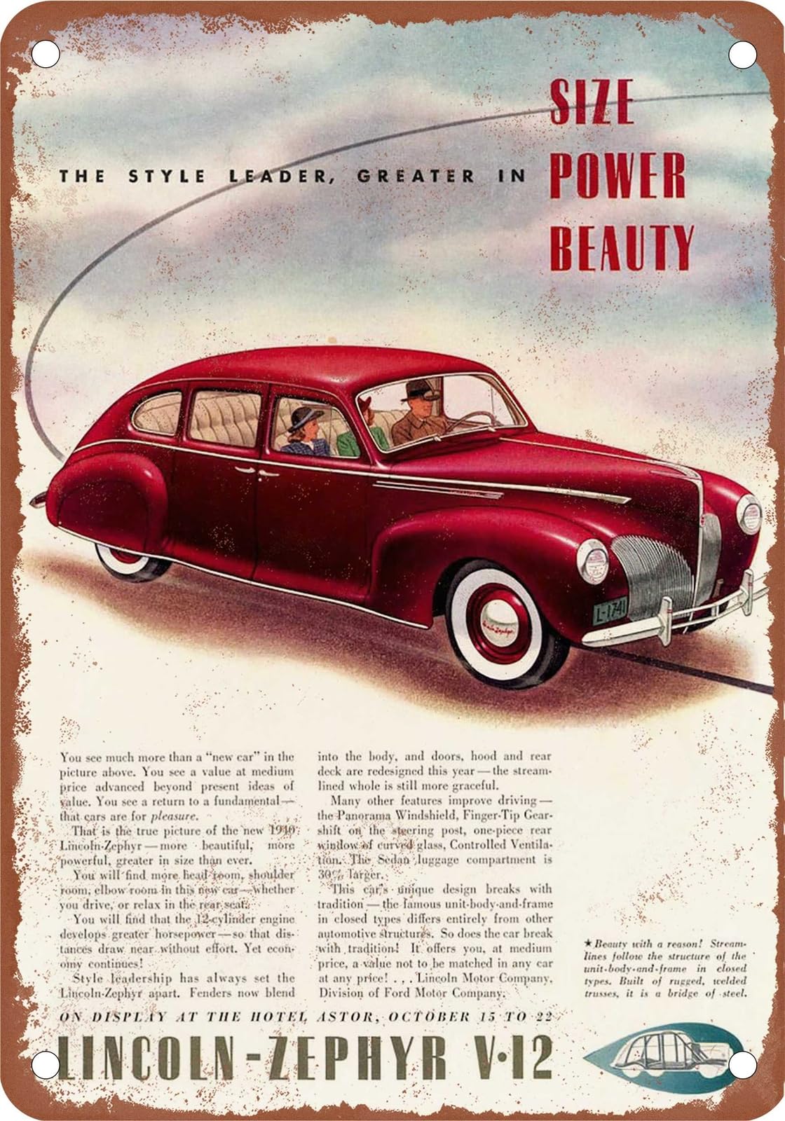 METAL SIGN - 1940 Lincoln Zephyr Vintage Ad 02 - Old Retro Rusty Look home decor