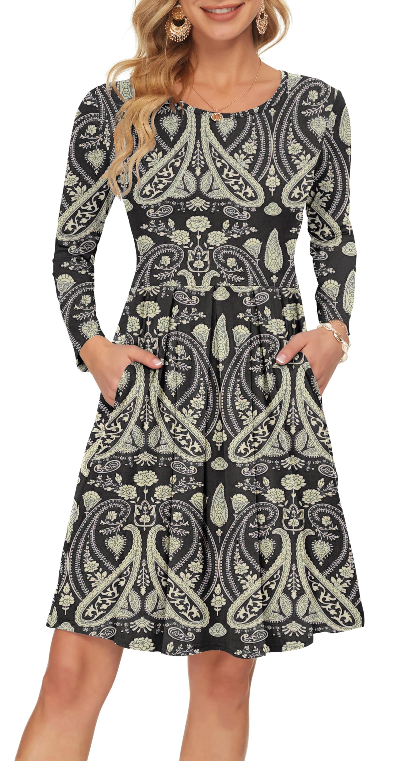 AUSELILY Women's Long Sleeve Pleated Loose Swing Casual Dress with Pockets Knee Length Boho Floral Black L