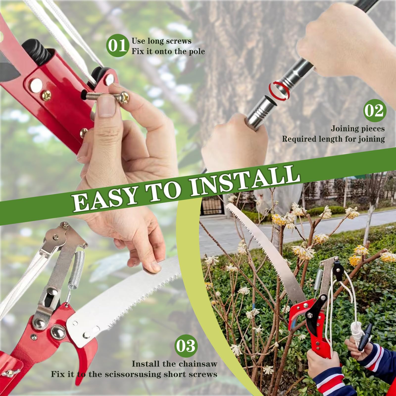 Tijeras de podar telescópicas 82 – 410 cm con sierra de podar, 2 en 1, manual con cuerda de cuerda, mango telescópico de acero inoxidable, tijeras de podar y sierra de jardín para ramas altas, árboles