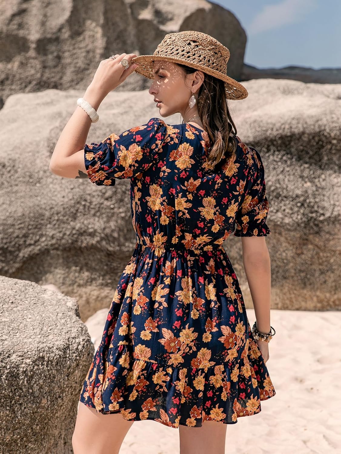 SGF11 Women's 2025 Floral Summer Short Dress V Neck Short Sleeve Tiered Ruffle Boho Swing Dresses - Image 3