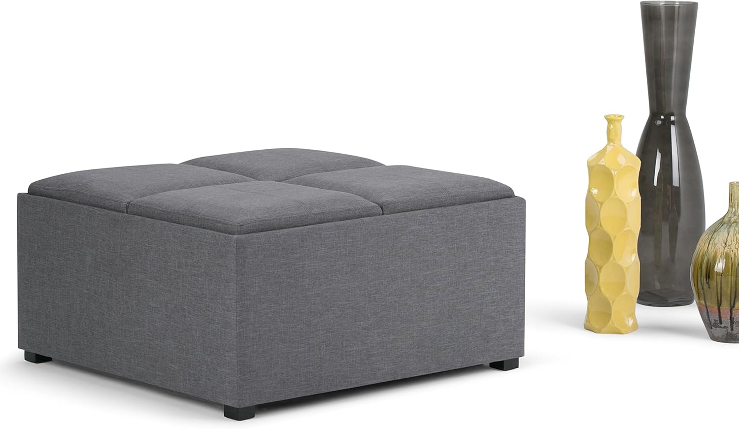 SIMPLIHOME Avalon 35 inch Wide Contemporary Square Coffee Table Storage Ottoman in Slate Grey Linen Look Fabric, Assembled, For the Living Room and Bedroom