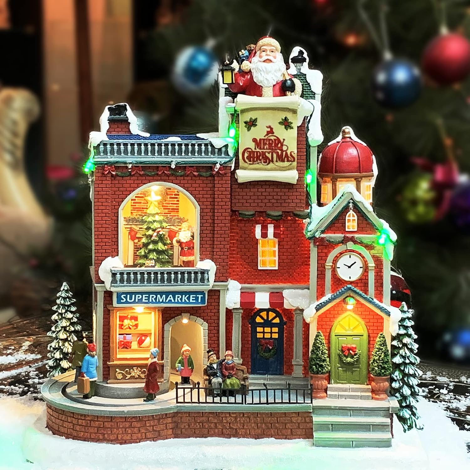 MOMENTS IN TIME Lighted Christmas Village House Supermarket and Shops Animated Holiday Scene with LED Lights Music Gift Box Ready Christmas Home Decor UL Adapter Included