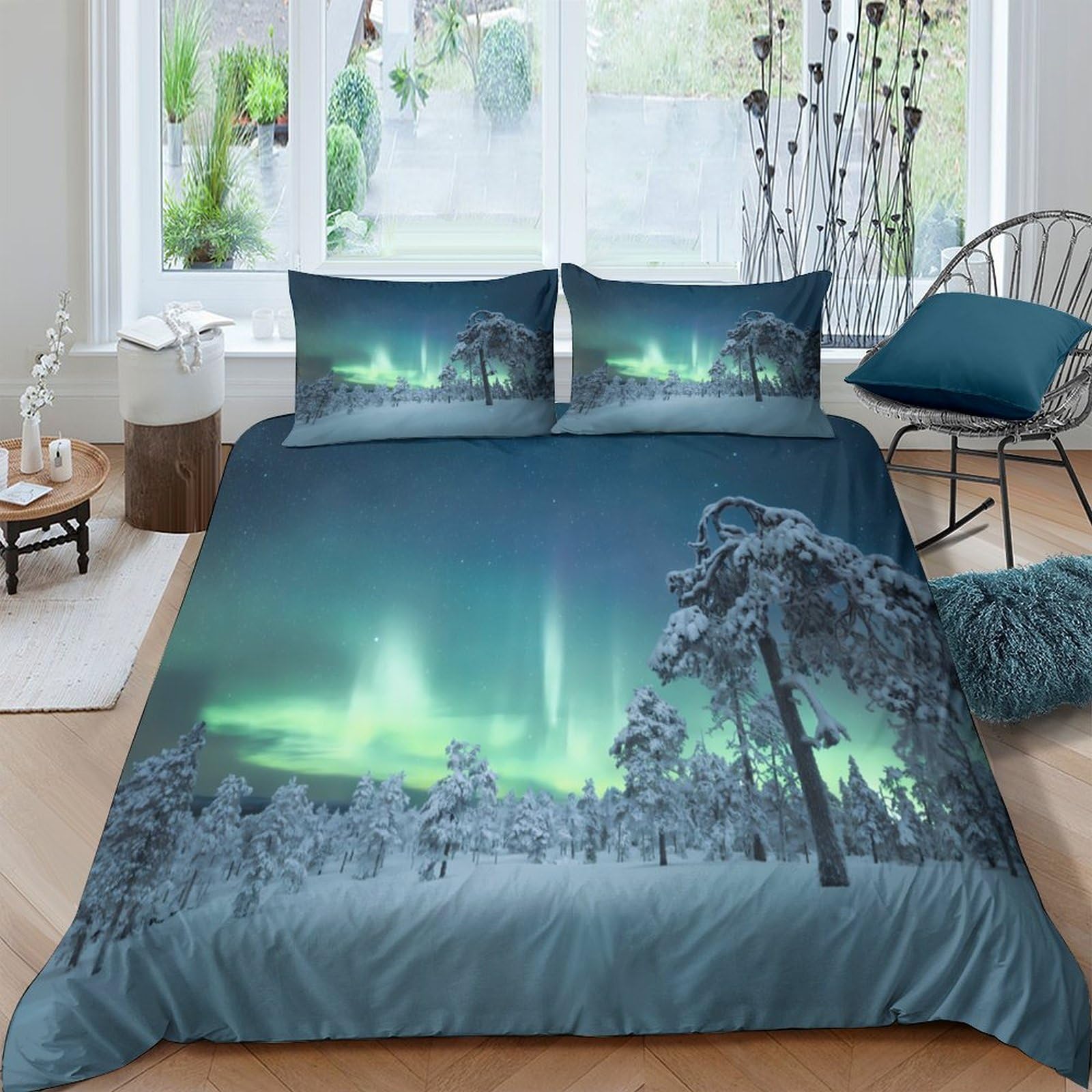 XFKLYNVCJ 3D Printed Northern Lights Comforter Cover Brushed Microfiber Winter Landscape Style Bedding Cover Lightweight Easy Care for College Dorm Teenagers Student Bedding Use Single（135x200cm）