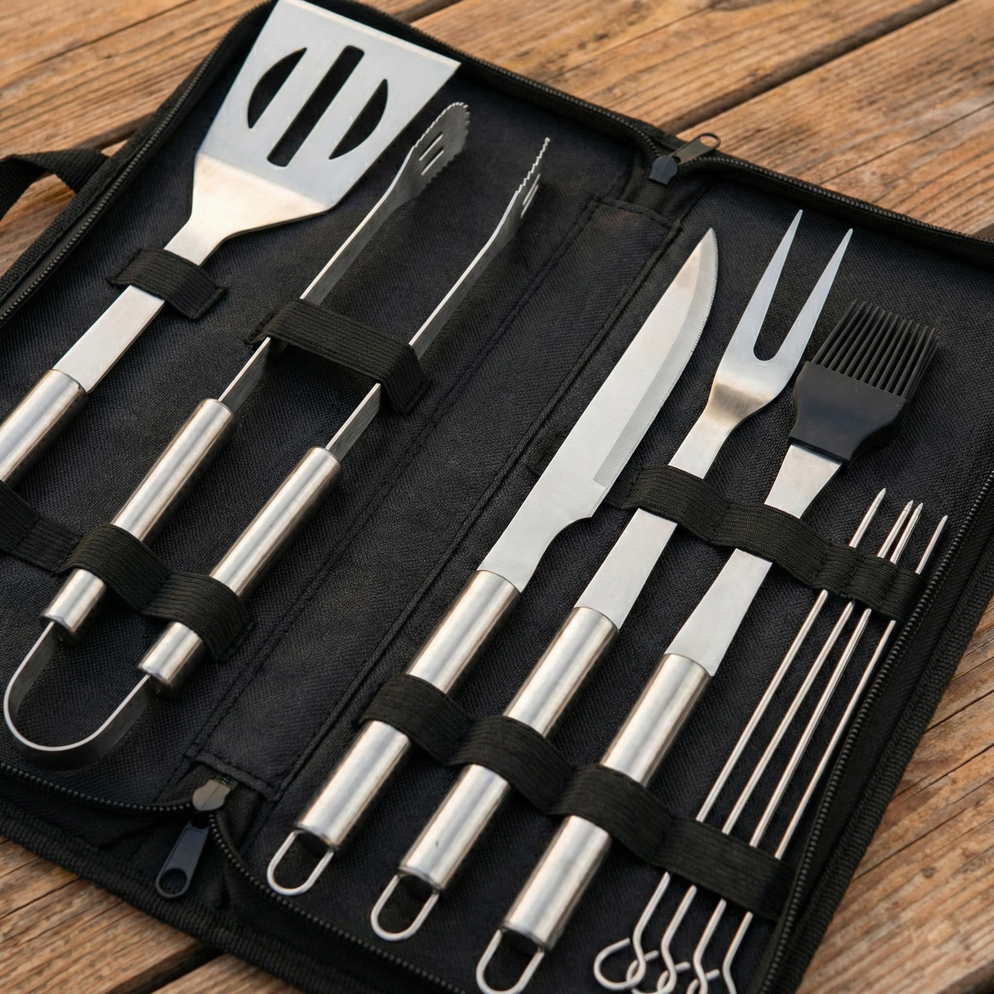 Set 9 Pezzi Utensili Barbecue – Attrezzi BBQ in Acciaio Inox con Custodia – Accessori Completi per Barbecue, Grigliate, Camino e Cottura al Forno
