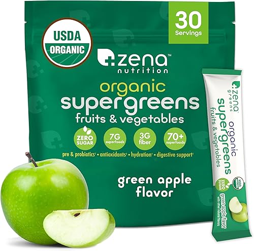Zena Nutrition Polvo orgánico Super Greens, más de 70 superalimentos, 0 azúcar, 0.11 onzas de fibra, espirulina, clorella, champiñones,