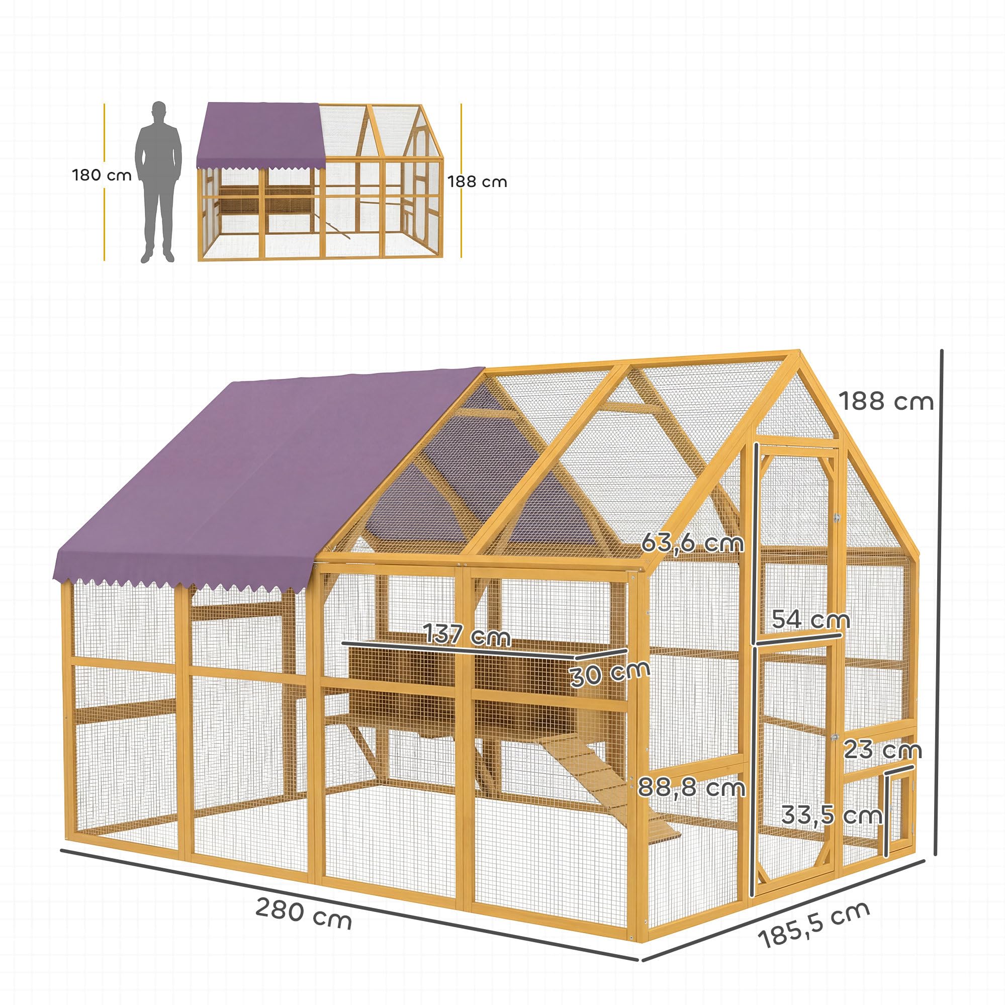 PawHut Hühnerstall 5,2m² ca. 2,8x1,8x1,9m Freilaufgehege Holz mit Freilauf Sicherheitsschloss Teilbare Tür 4 Nistkasten Dach Rampe begehbar Hühnergehege Vogelkäfig für 8-12 Hühner Kaninchen Ente
