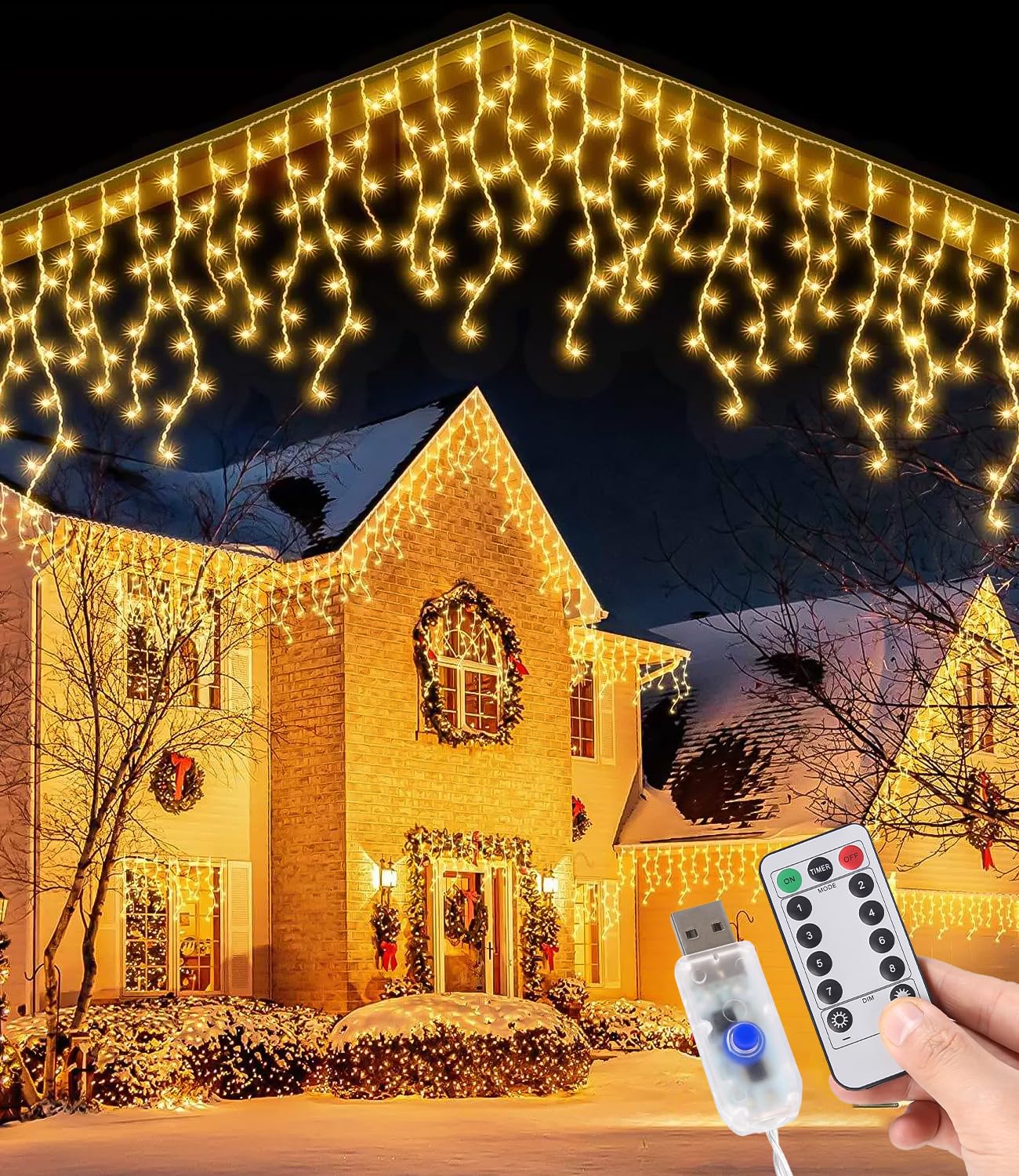 12M Cortina Luces Navidad Exterior, 480 LED Luzes Natal Exterior, 8 Modos Luz Navidad Exterior, Impermeable Decoracion Navidad Exterior, Cortina Led Exterior, Para Bodas,Fiestas,Navidad, Blanco Cálido