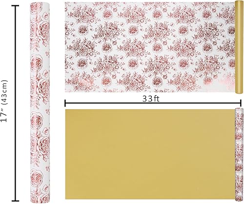 Miniatura 7 de LaRibbons Rollo de papel de regalo reversible floral de San Valentín para mujeres y niñas, elegante diseño de lámina de oro rosa para bodas, día de