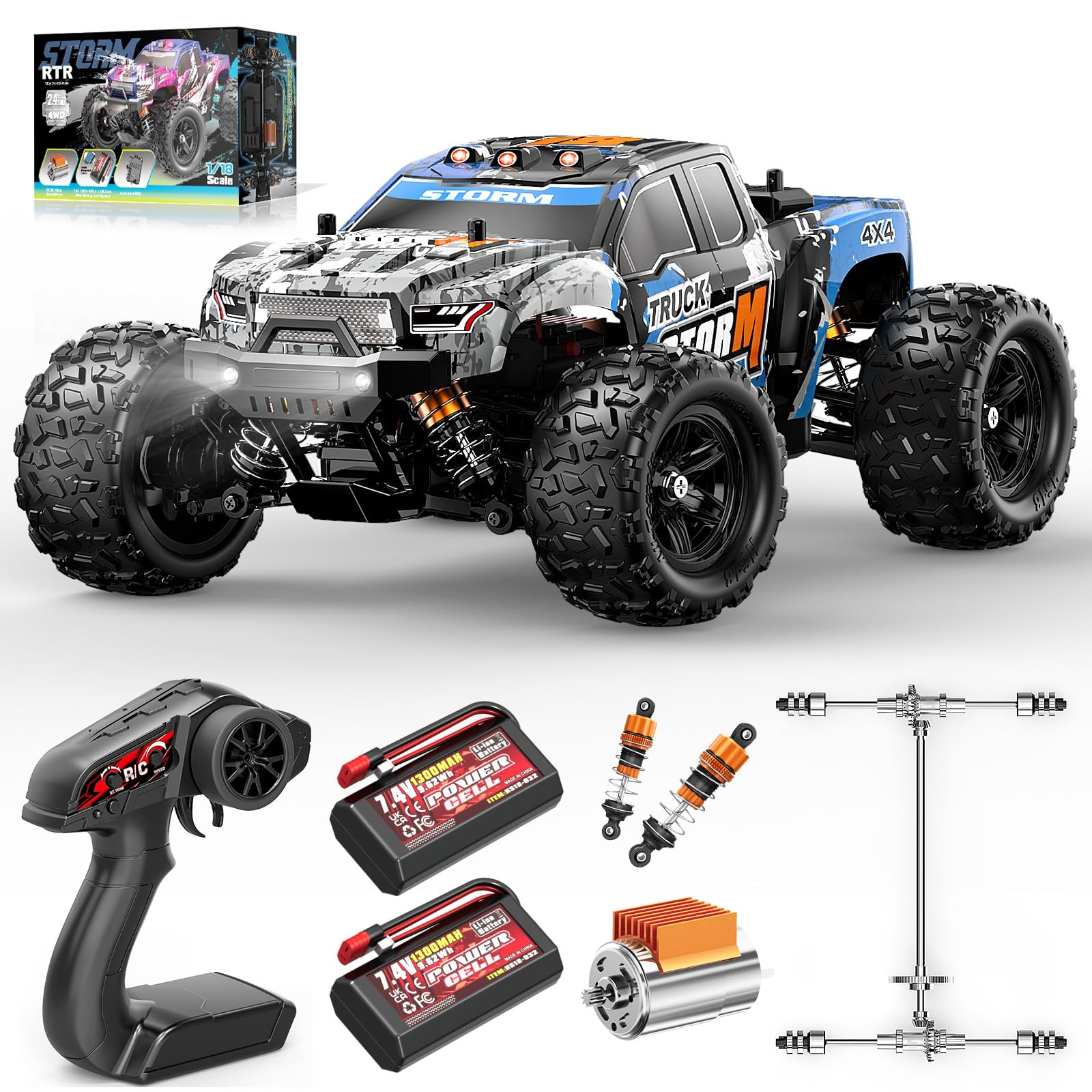 Coche radiocontrol 4x4 Todoterreno 1:18, Coche teledirigido RC 2.4GHz proporcional, 2 baterías 7,4V 1300mAh, transmisión metálica, para Mayores de 8 años y Adultos Principiantes