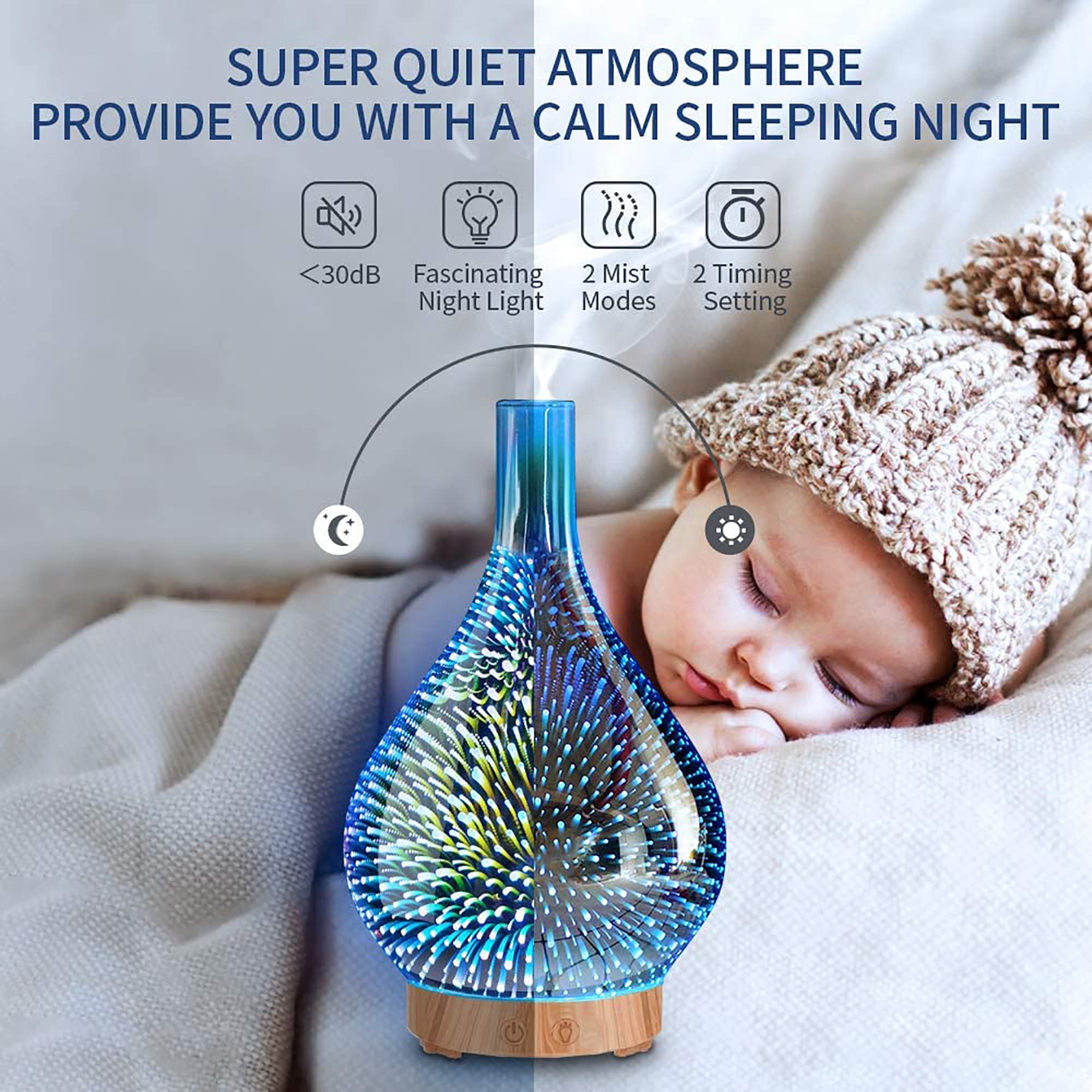 Diffusore di oli essenziali, 200 ml, diffusore in vetro 3D per aromaterapia, con telecomando, modalità nebulizzazione regolabile, luci notturne a LED e timer di spegnimento automatico