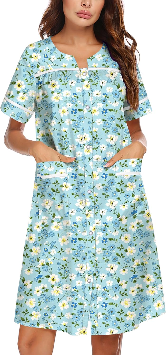 Ekouaer Nightgowns for Women House Dress with Pockets Snap Front House Coat Short Sleeve Duster Moo Moos Sleepwear S-3XL