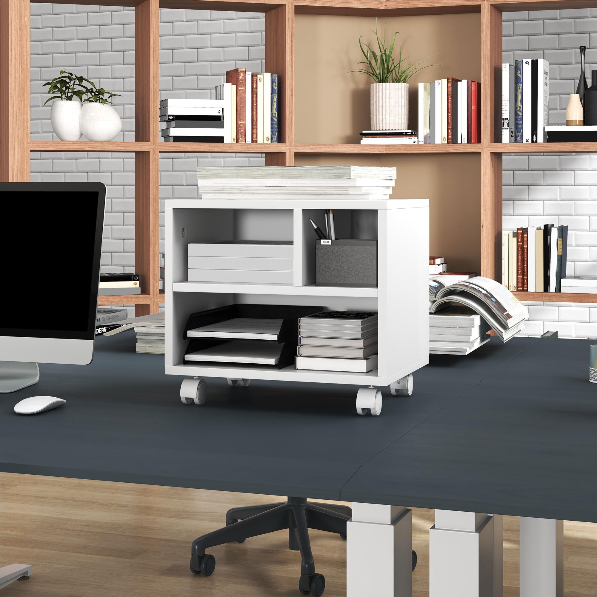 HOMCOM Mueble de Impresora con Ruedas Soporte de Impresora con Compartimentos Abiertos para Oficina Estudio 40x30x36 cm Blanco