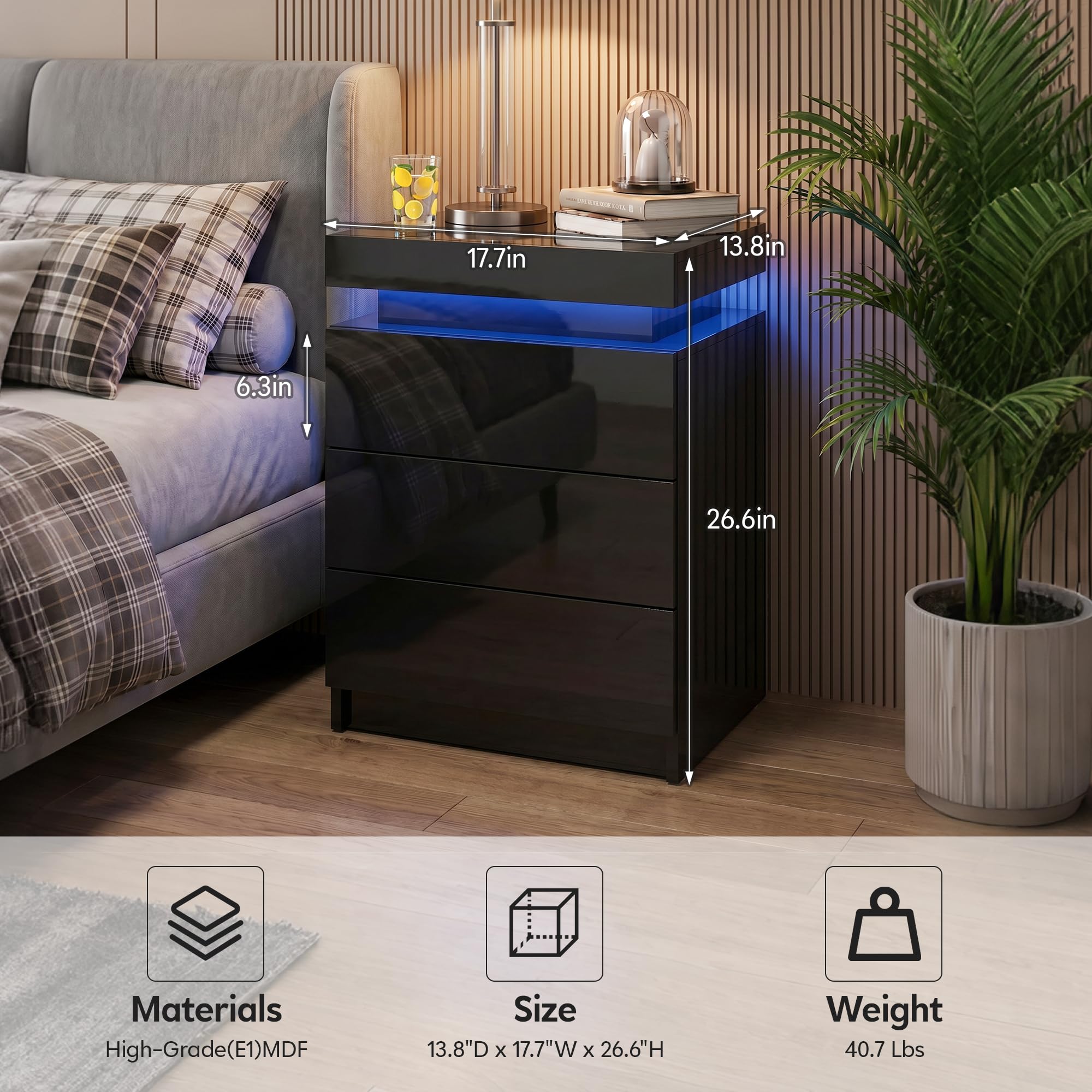 TUKAILAi Lot de 2 Table de Chevet LED avec 3 Tiroirs, Table de Nuit LED Connectee Chambre à Coucher, Commode Chambre LED Connectée pour Adulte, Chevet de Lit à Ports USB Salon Bois Cadeau (Noir)
