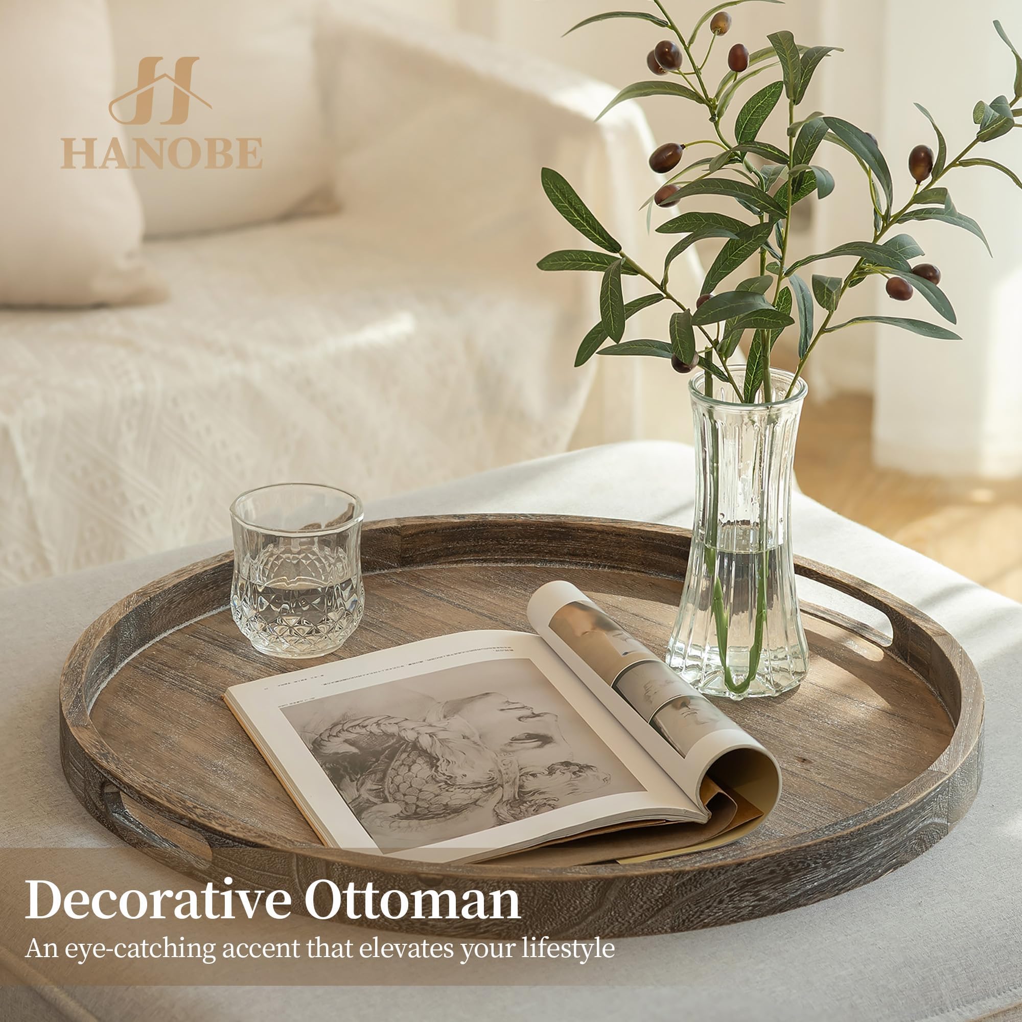 Hanobe Bandeja otomana decorativa de madera para sala de estar con asas, 22 pulgadas | Bandeja grande para mesa de café rústica redonda para decoración del hogar