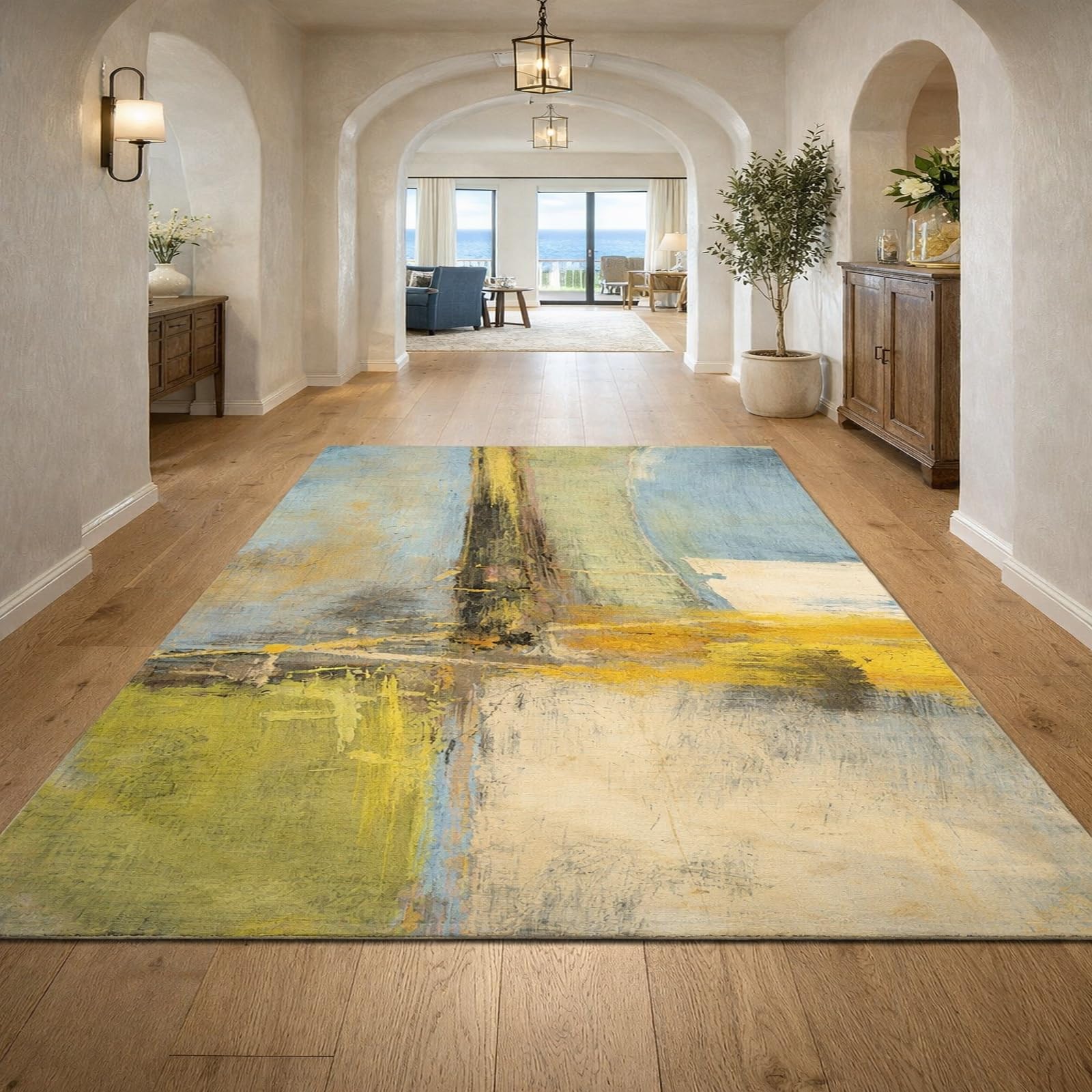 Tapis de chambre poils ras 120x200 cm bleu vert jaune pour grand salon moderne