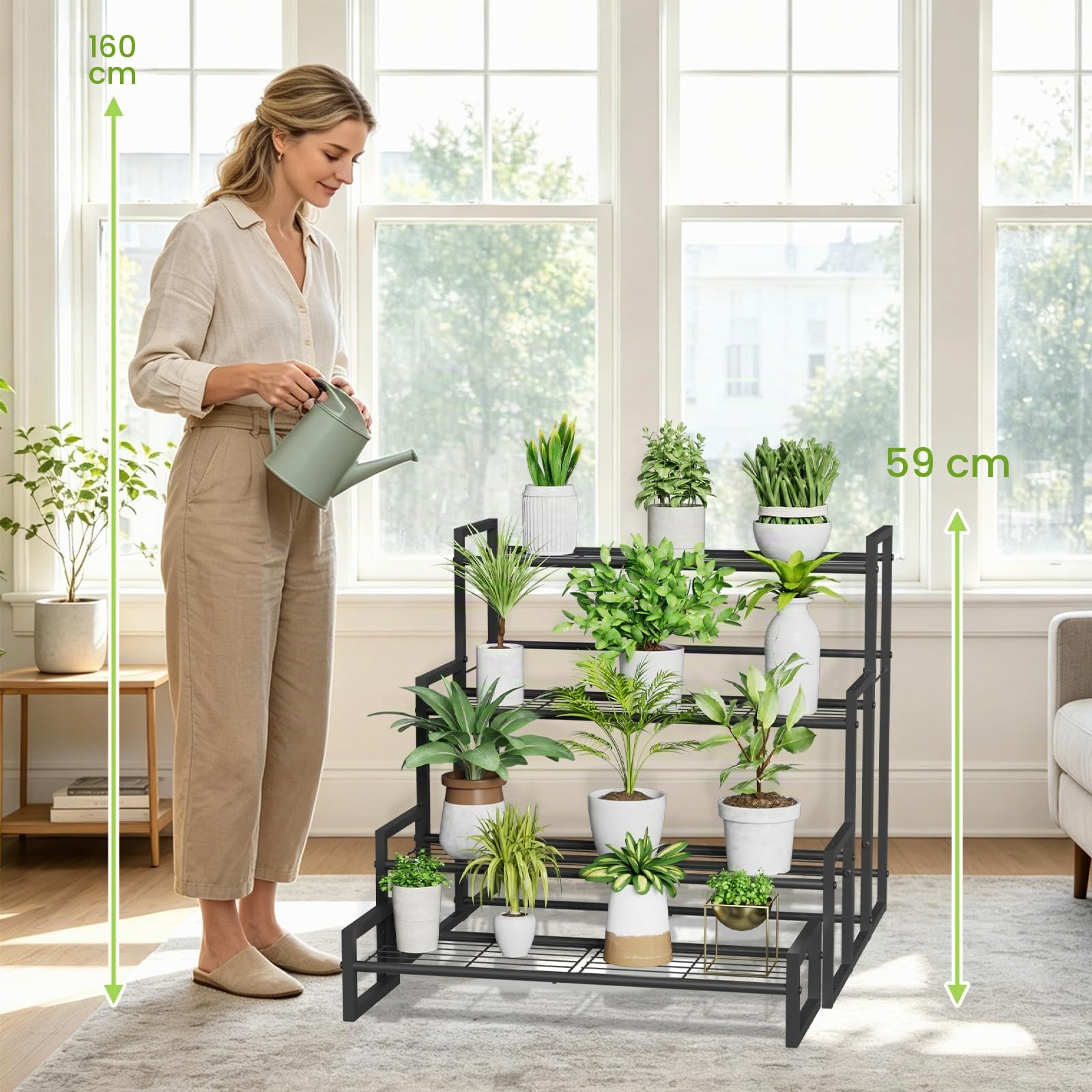 VyGrow Pflanzenständer, 4 Etagen, stapelbar, gestuft, Pflanzenständer, skalierbar, strapazierfähig, hoch, Pflanzenregal für drinnen und draußen, Garten, Ausstellungsregale, Blumentopfhalter, Schwarz