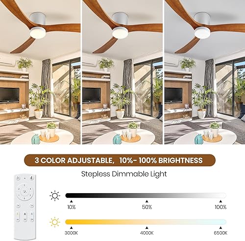 Miniatura 4 de GESUM Ventilador de techo con luces, ventilador de techo de perfil bajo de 52 pulgadas con 3 aspas de madera, reversible, regulable, ventilador de