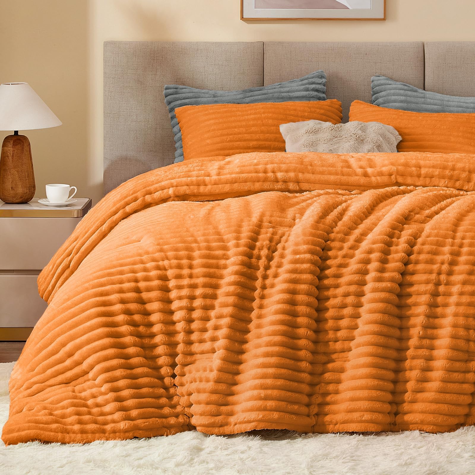 BEDELITE Fleece Full Comforter Set -Super Soft &amp; Warm Fluffy Burnt Orange Bedding, Luxury Fuzzy Heavy Bed Set for All Season with 2 Pillow Cases