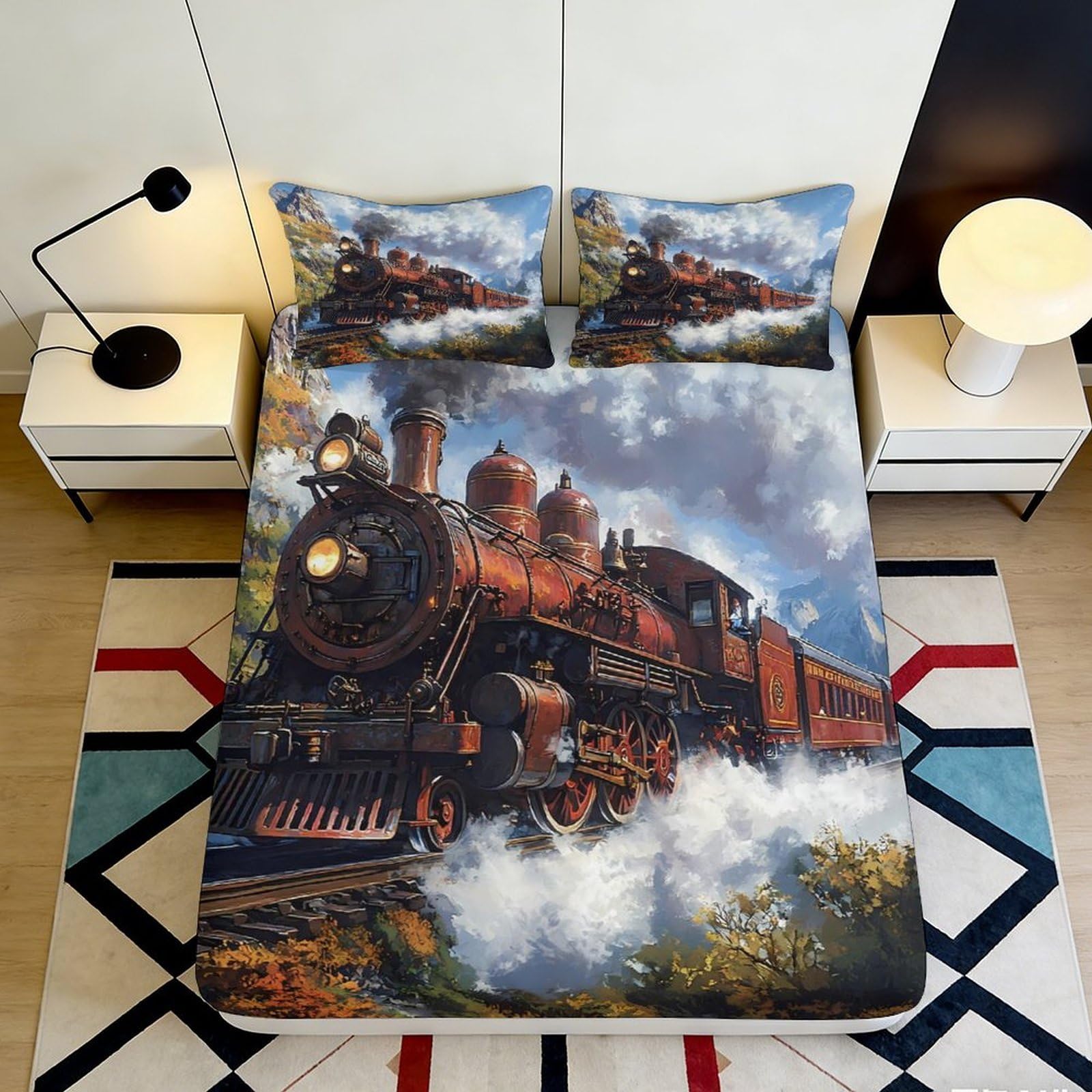 Uxinyoume Style-10 3D Printed Steam Train Fitted Sheet Microfiber Soft Anti-Slip Bed Cover Railway Art For Bedroom Guest Room Decor 90X200x25cm