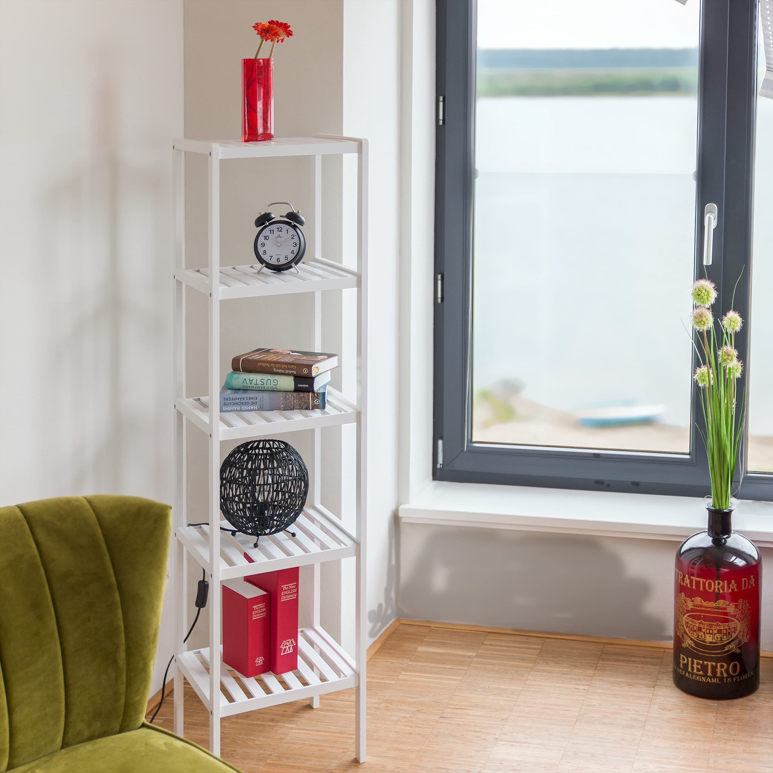 Półka łazienkowa Relaxdays z bambusa z 5 półkami, wys. x szer. x gł.: 139,5 x 34,5 x 33 cm, biała