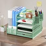 Marbrasse 5 Tier Paper Letter Tray with Drawer and 2 Pen Holders | Desk Organizer, Document Organizer with Magazine File Holder for School, Home, Office Supplies(Green)