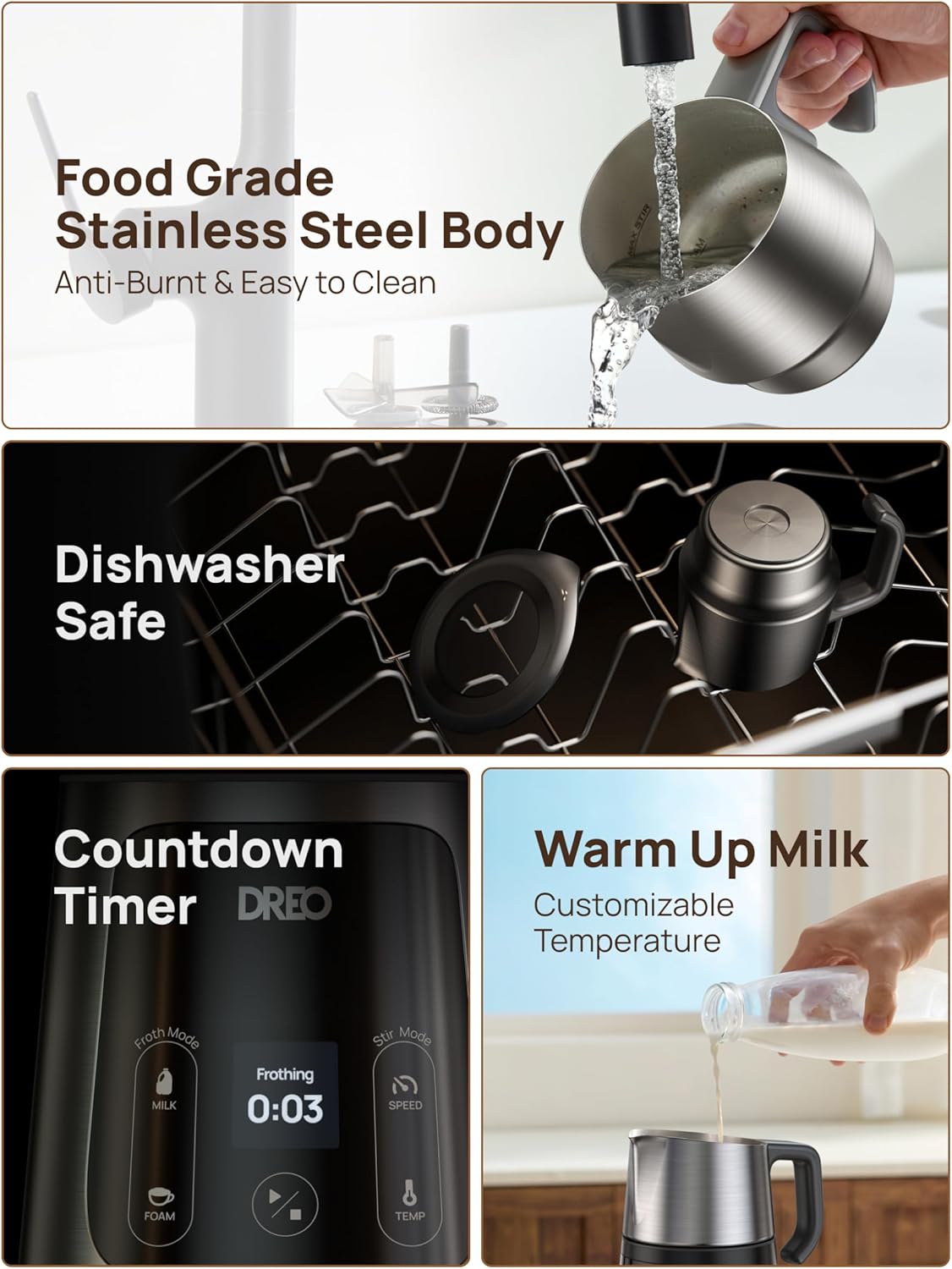 Dreo Milk Frother features including countdown timer and warm up milk